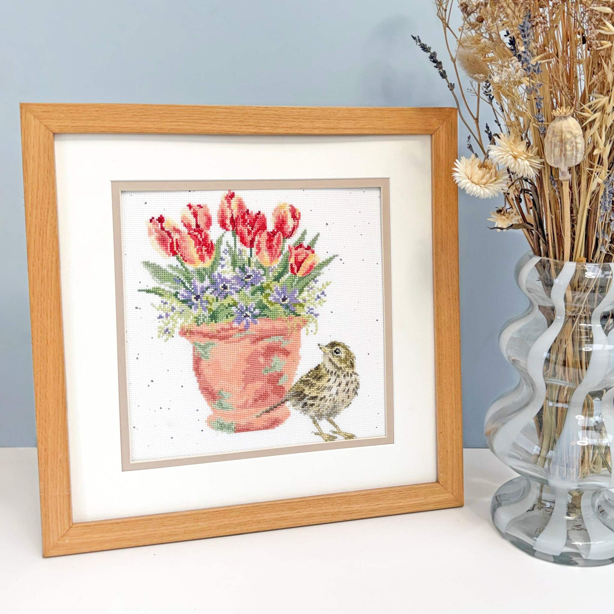Meadow Pipit cross stitch kit with Zweigart fabric, cotton threads, needle, and instructions