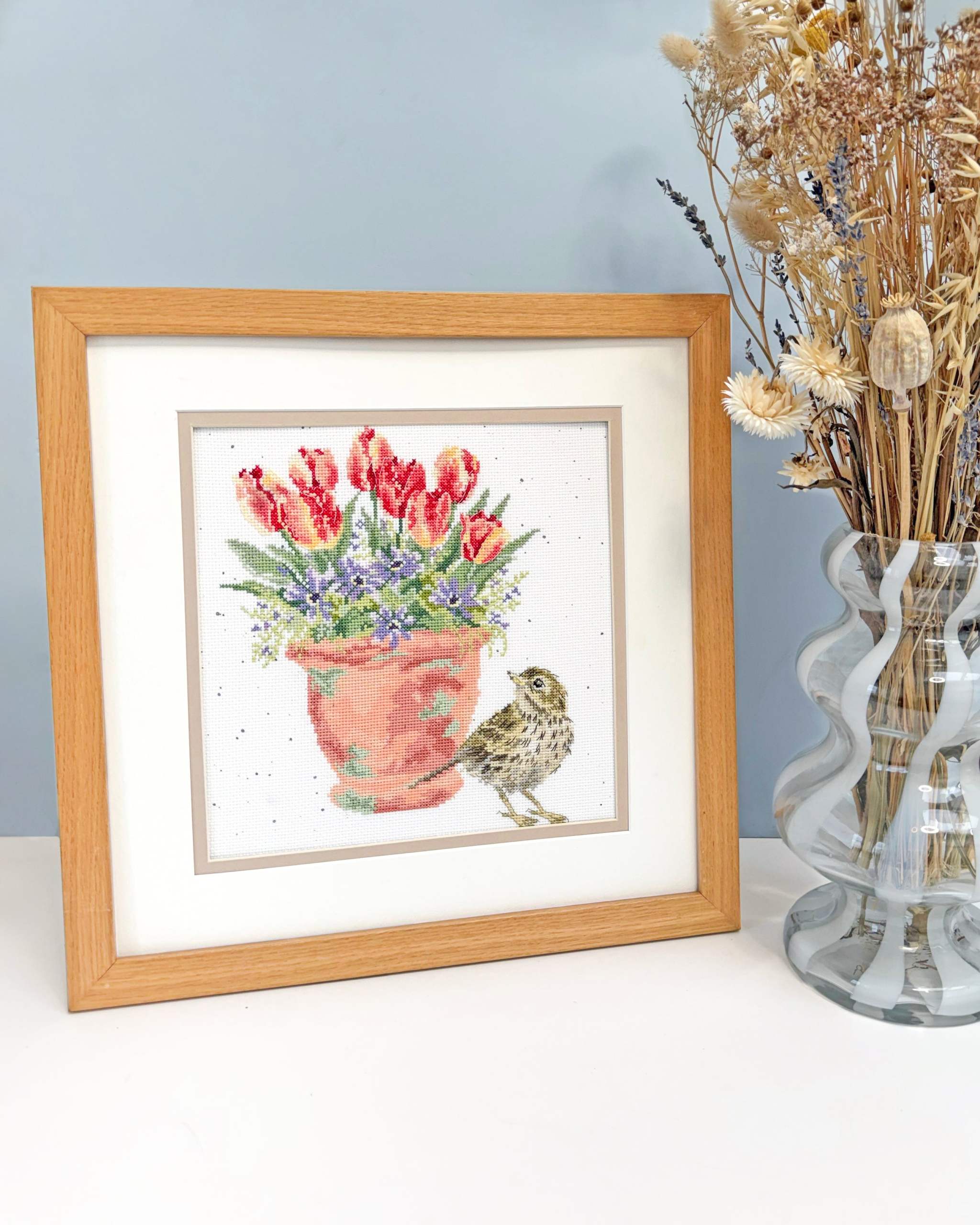 Meadow Pipit cross stitch kit with Zweigart fabric, cotton threads, needle, and instructions