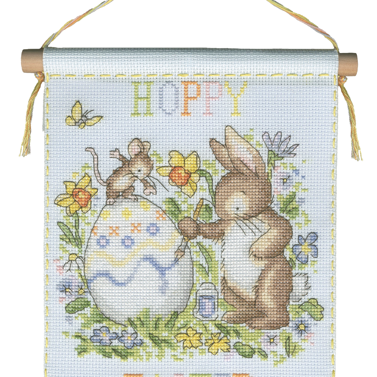 Hoppy Easter Cross Stitch Kit with ice blue Aida fabric and wooden dowel