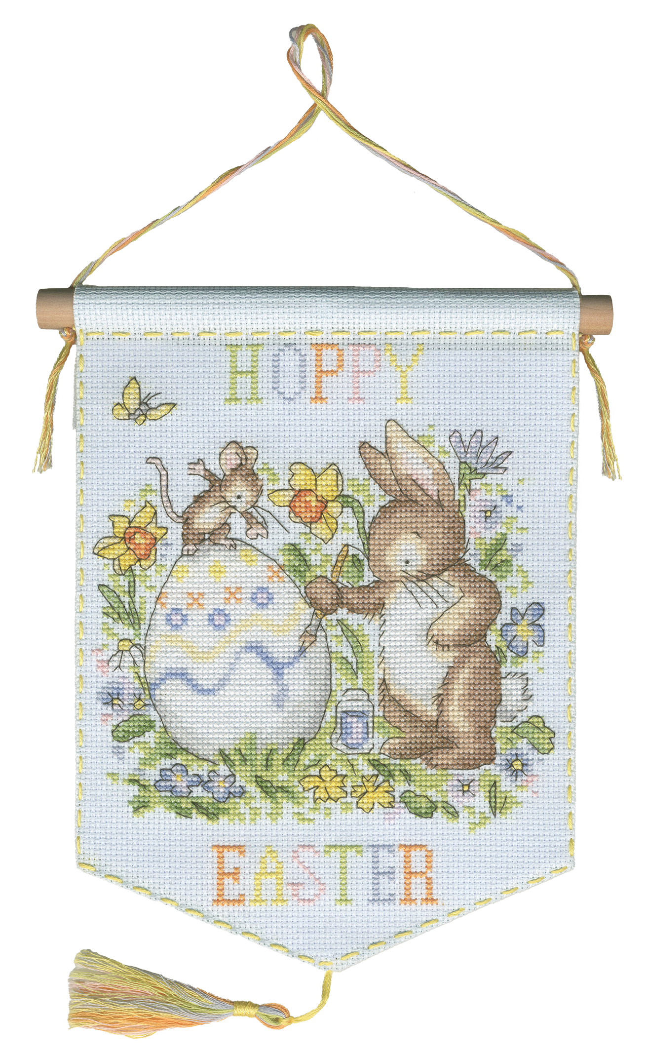 Hoppy Easter Cross Stitch Kit with ice blue Aida fabric and wooden dowel