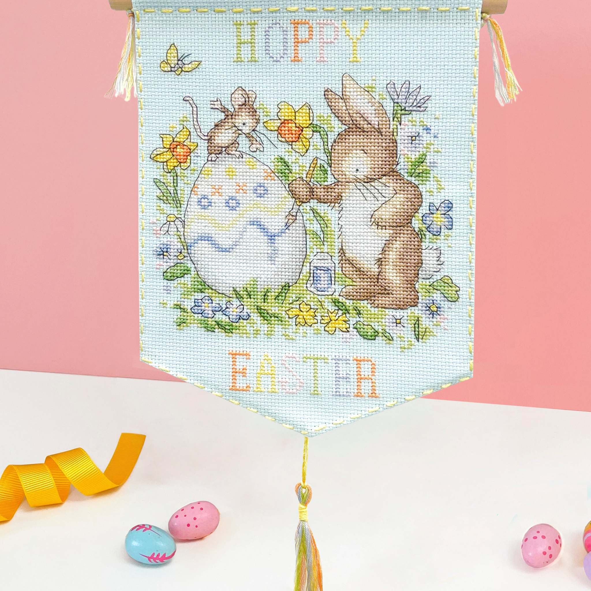 Hoppy Easter Cross Stitch Kit with ice blue Aida fabric and wooden dowel