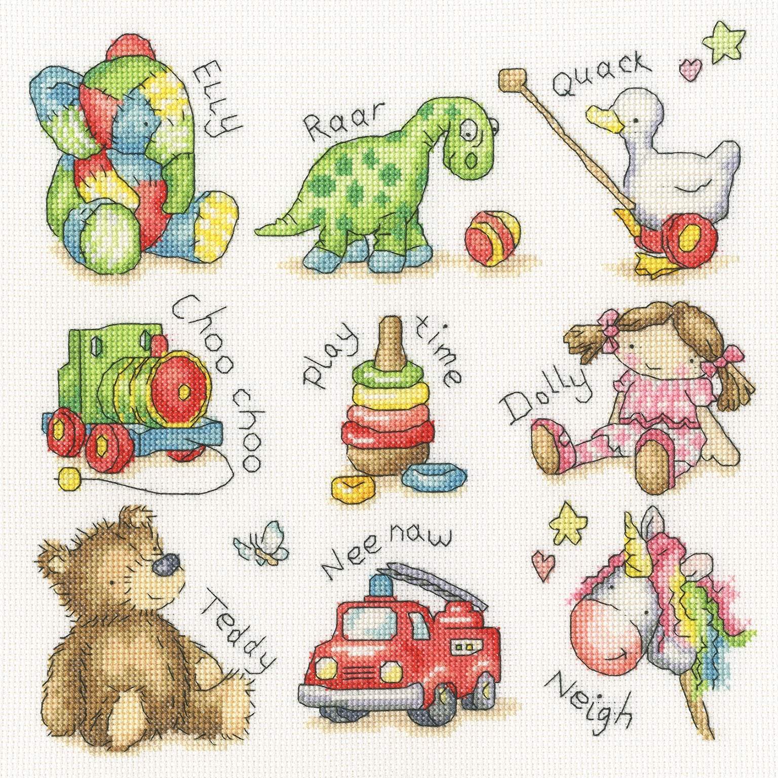 Play! Cross Stitch Kit with 14 count Aida fabric, pre-sorted cottons, needle, and instructions for cross stitch, back stitch, and French knots