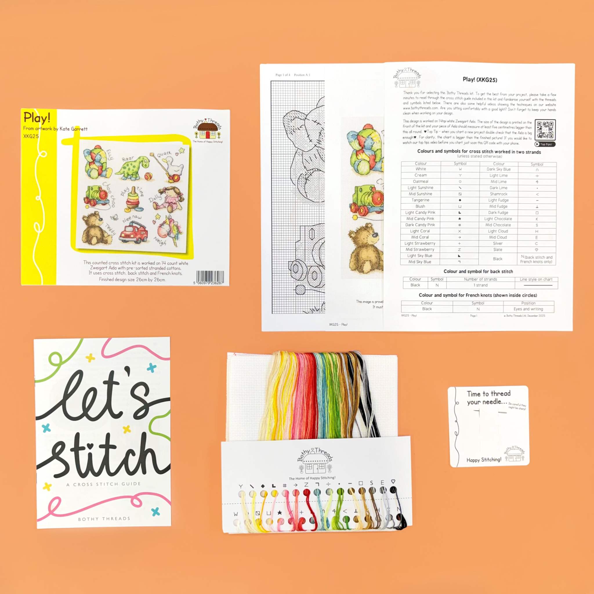 Play! Cross Stitch Kit with 14 count white Aida fabric and pre-sorted cottons