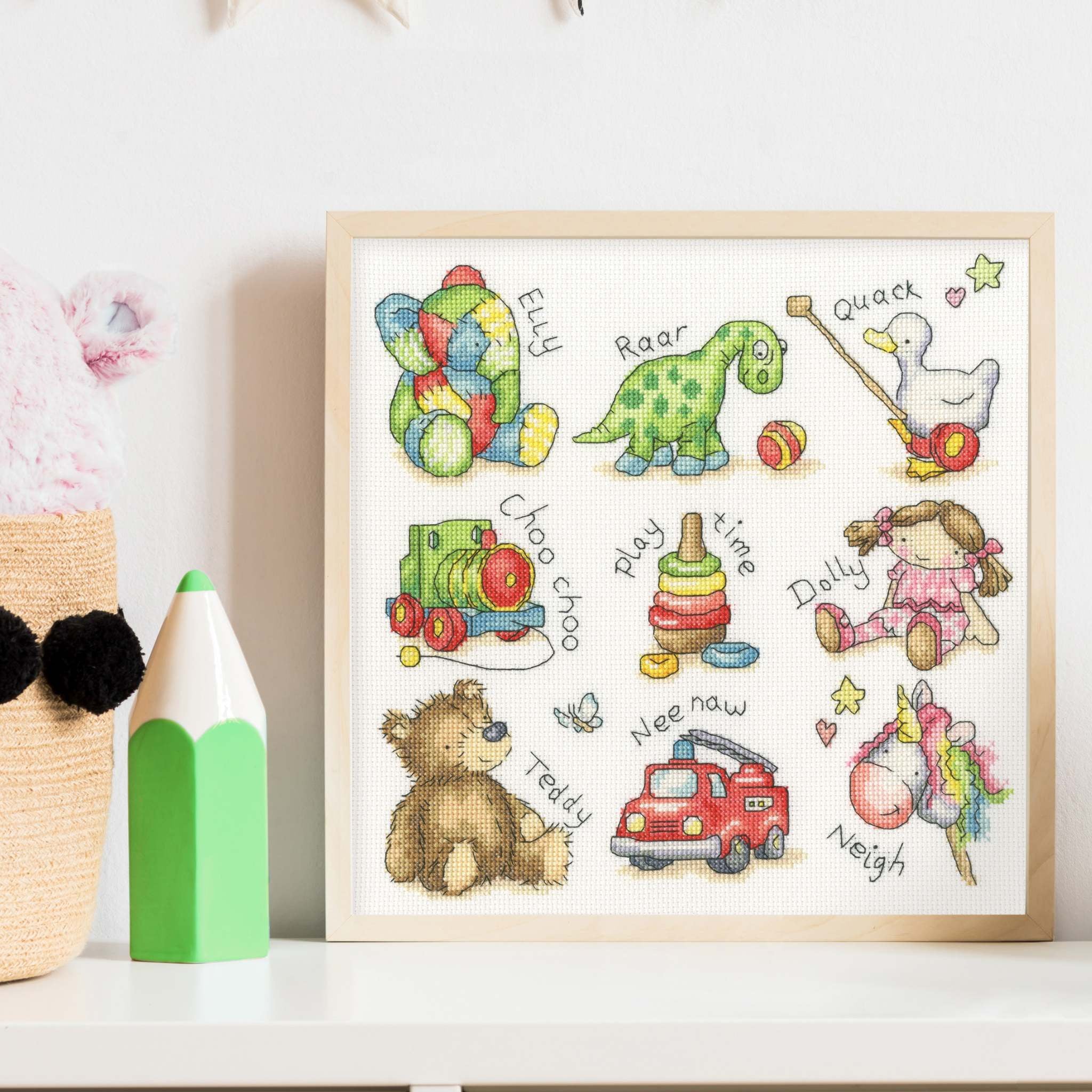 Play! Cross Stitch Kit with 14 count white Aida fabric and cotton threads kit components