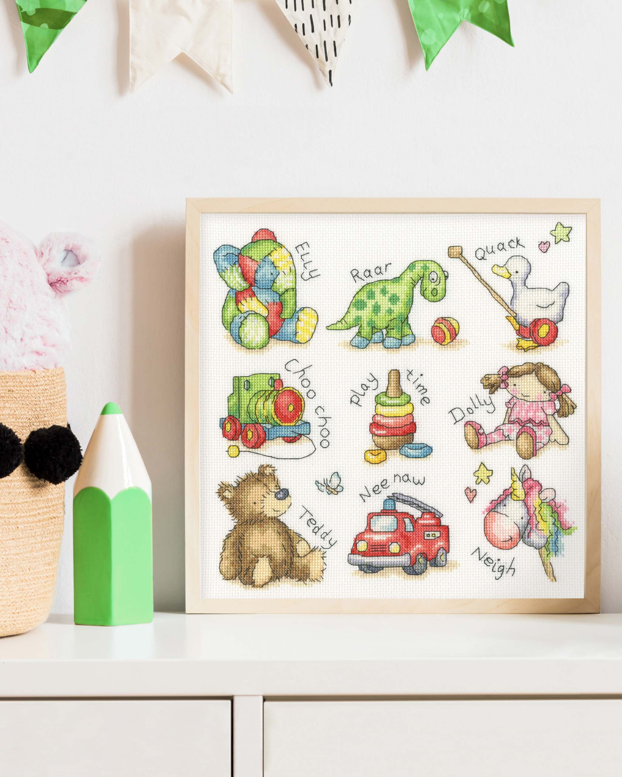 Play! Cross Stitch Kit with 14 count white Aida fabric and cotton threads kit components