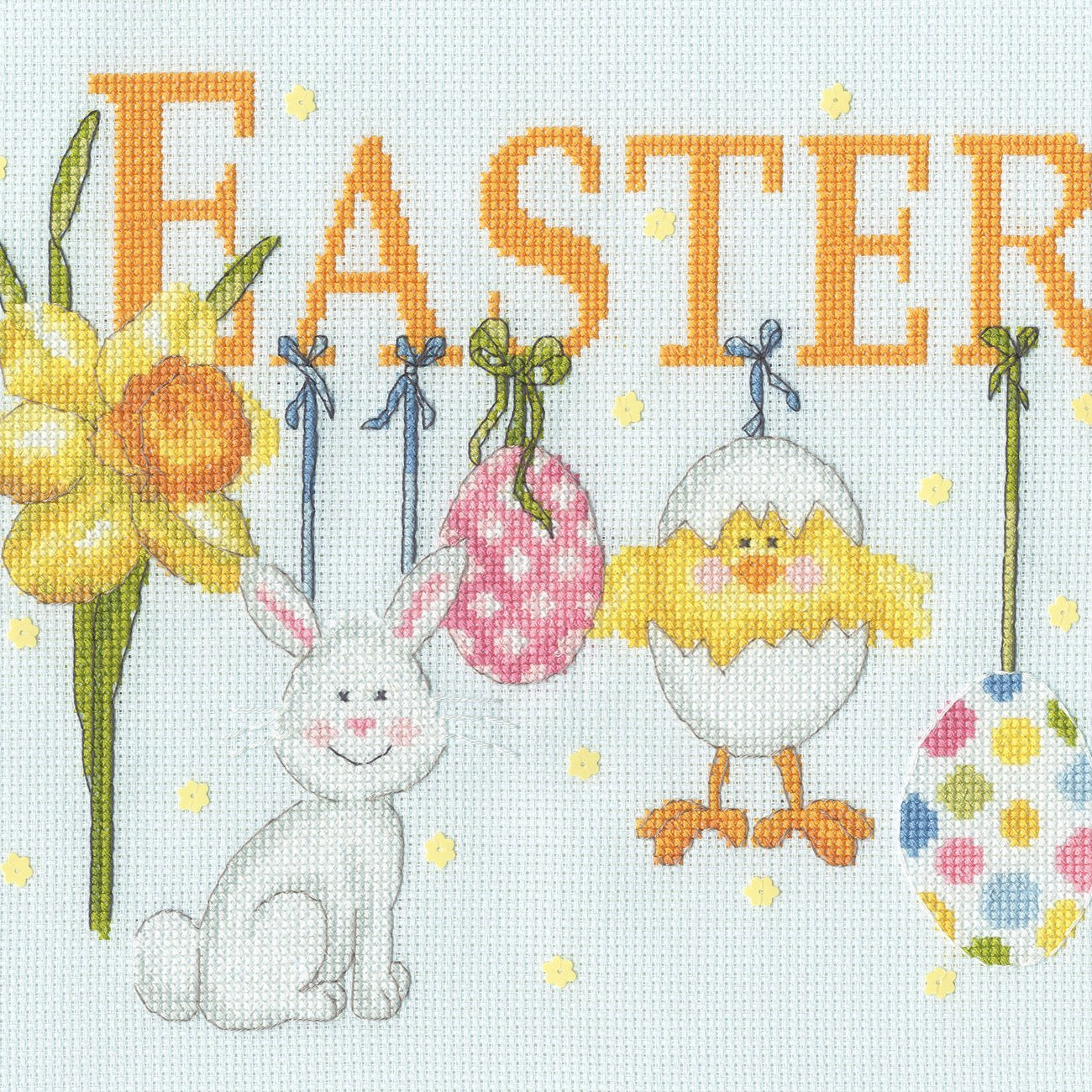 It Must Be Easter cross stitch kit with ice blue Aida fabric and yellow sequins