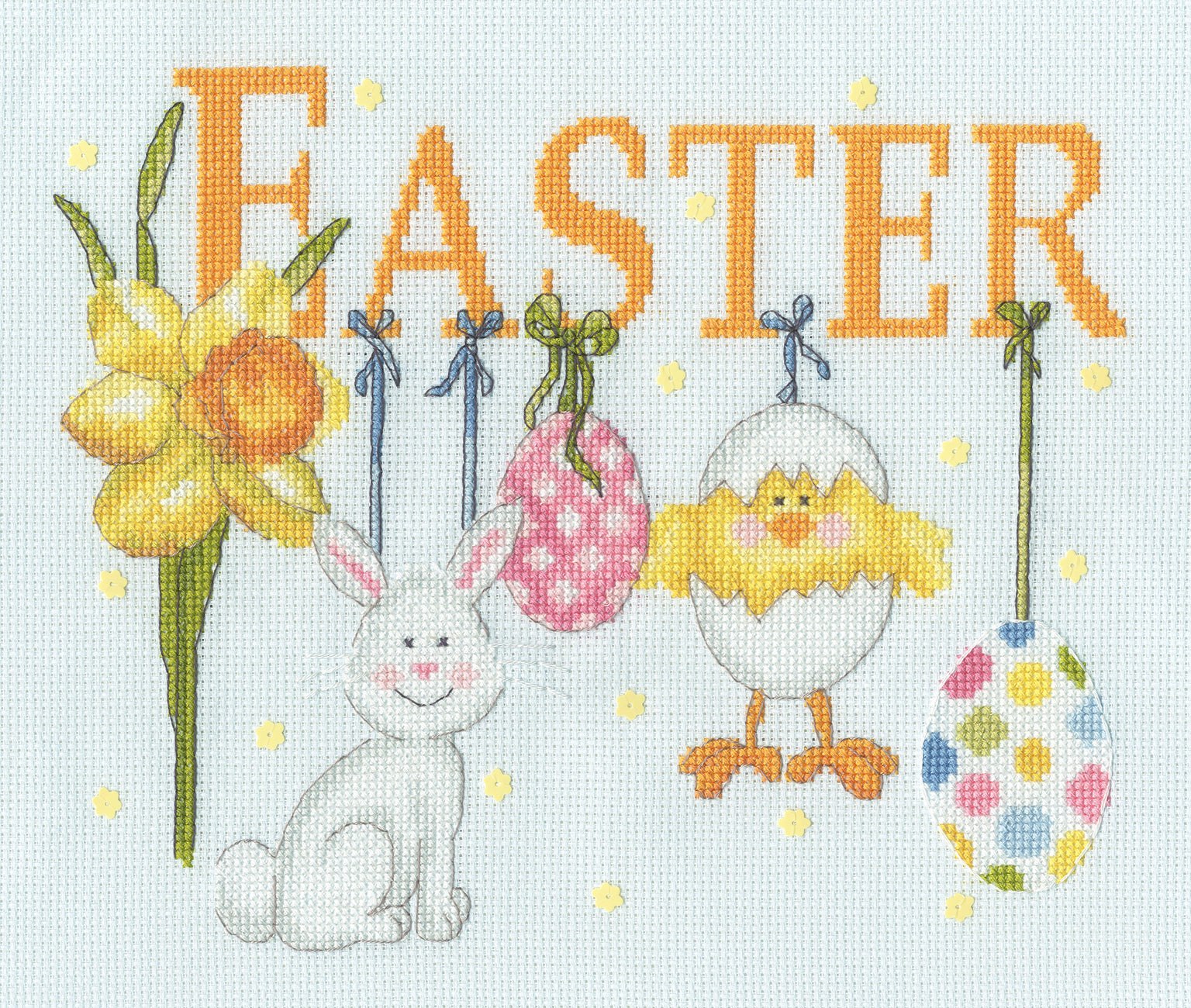 It Must Be Easter cross stitch kit with ice blue Aida fabric and yellow sequins