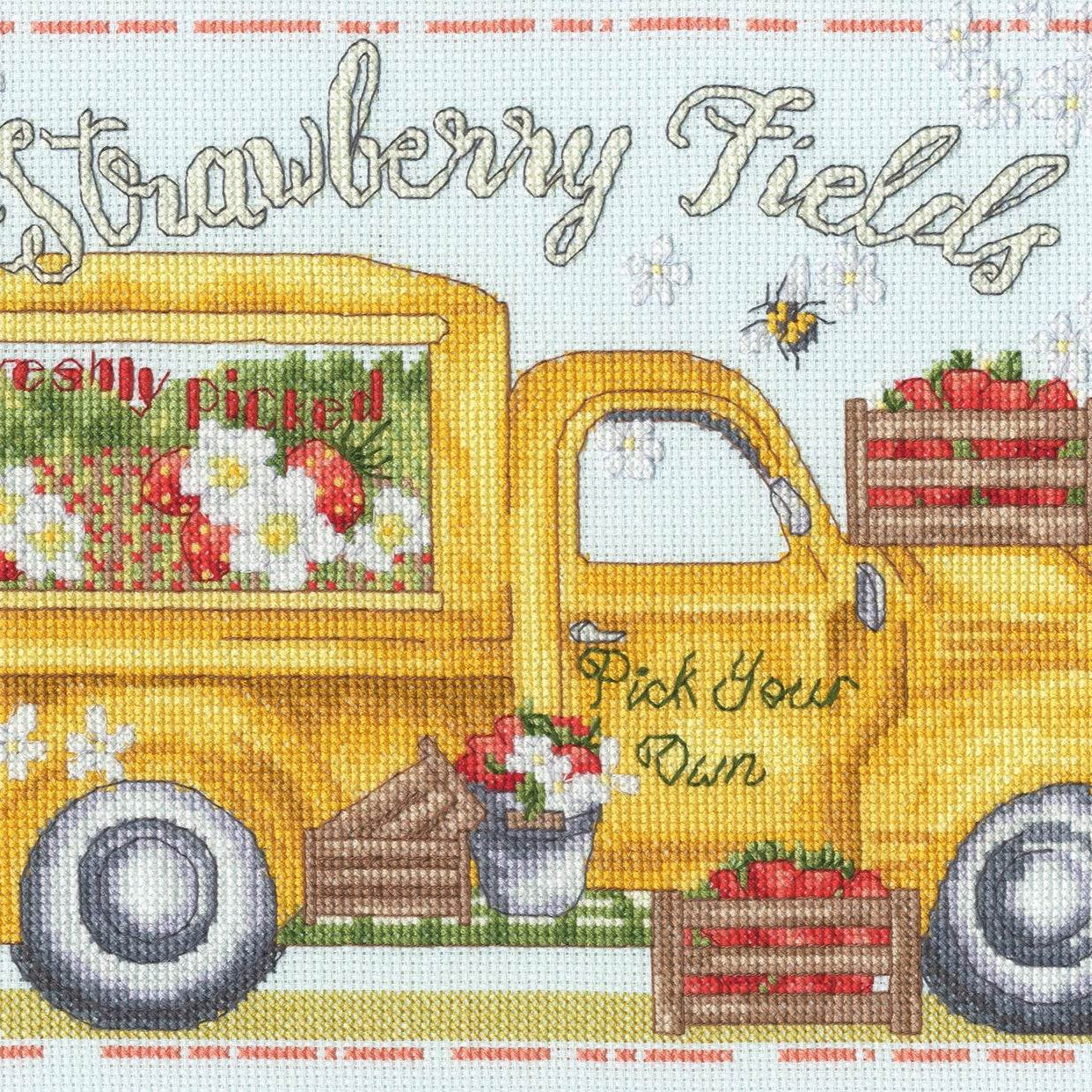 Strawberry Fields Cross Stitch Kit with 14 count ice blue Aida fabric and cotton threads