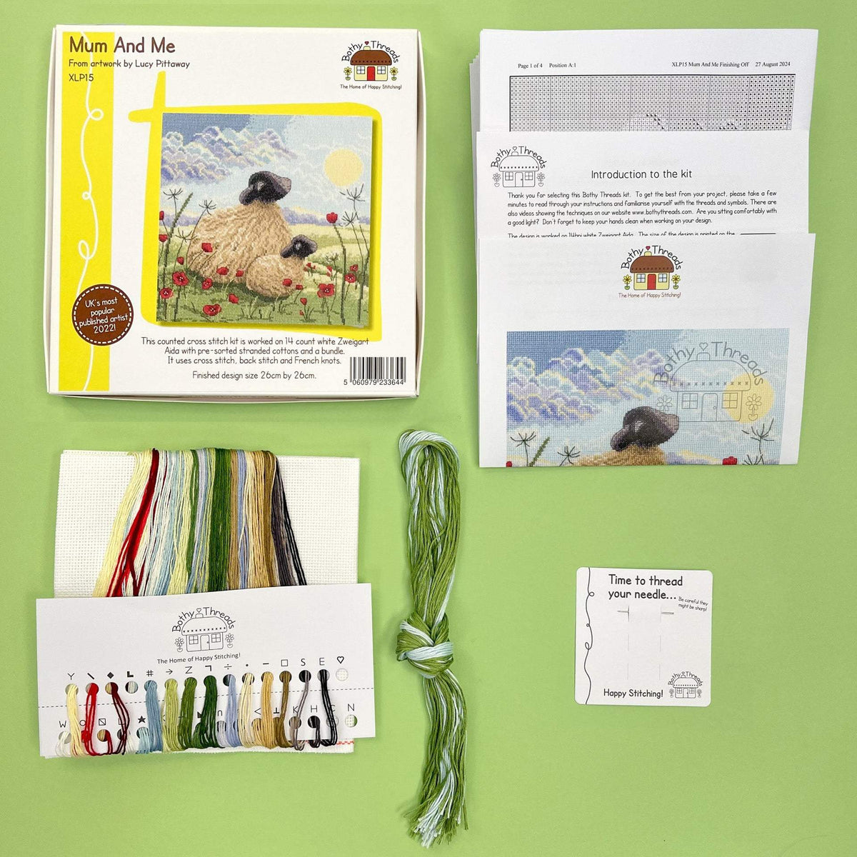 Bothy Threads Mum and Me cross stitch kit with 14 count white Zweigart Aida and cotton threads