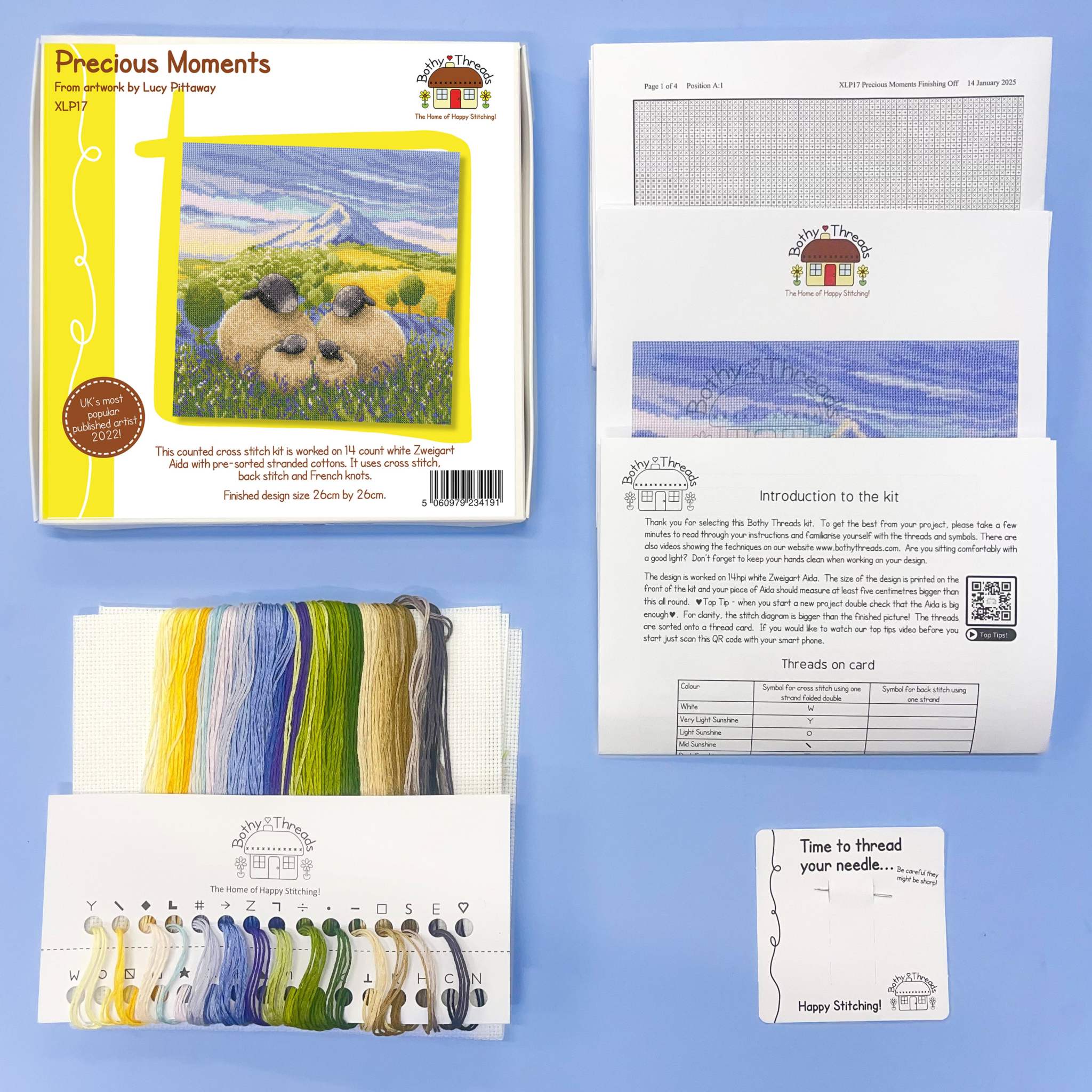 Bothy Threads Precious Moments Cross Stitch Kit with 14 count white Aida, cotton threads, needle, and instructions, finished size 26cm by 26cm