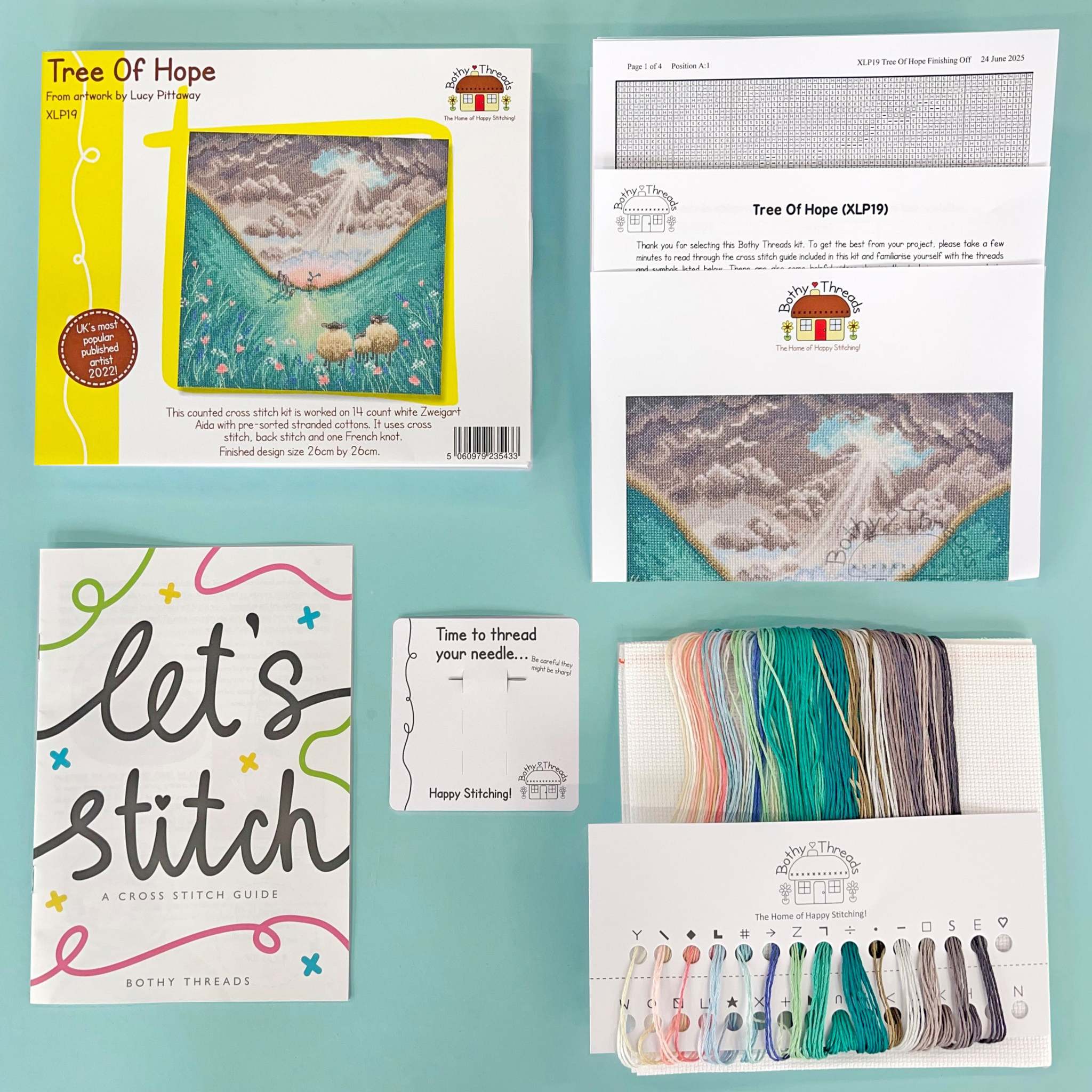 Tree of Hope Cross Stitch Kit with 14 count white Aida fabric and stitching supplies