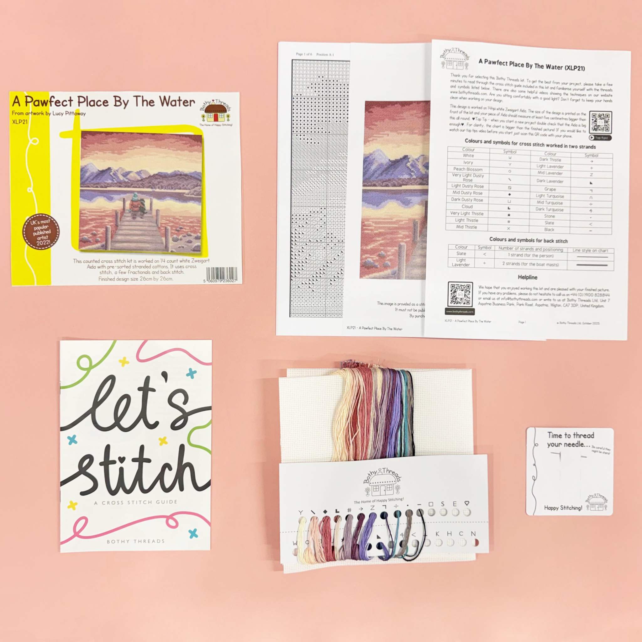 A Pawfect Place cross stitch kit with dog by water on 14 count Aida fabric