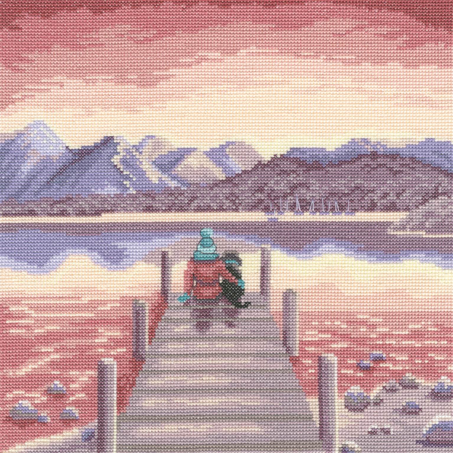 A Pawfect Place cross stitch kit with dog by water, 14 count fabric, cotton threads, needle, and instructions