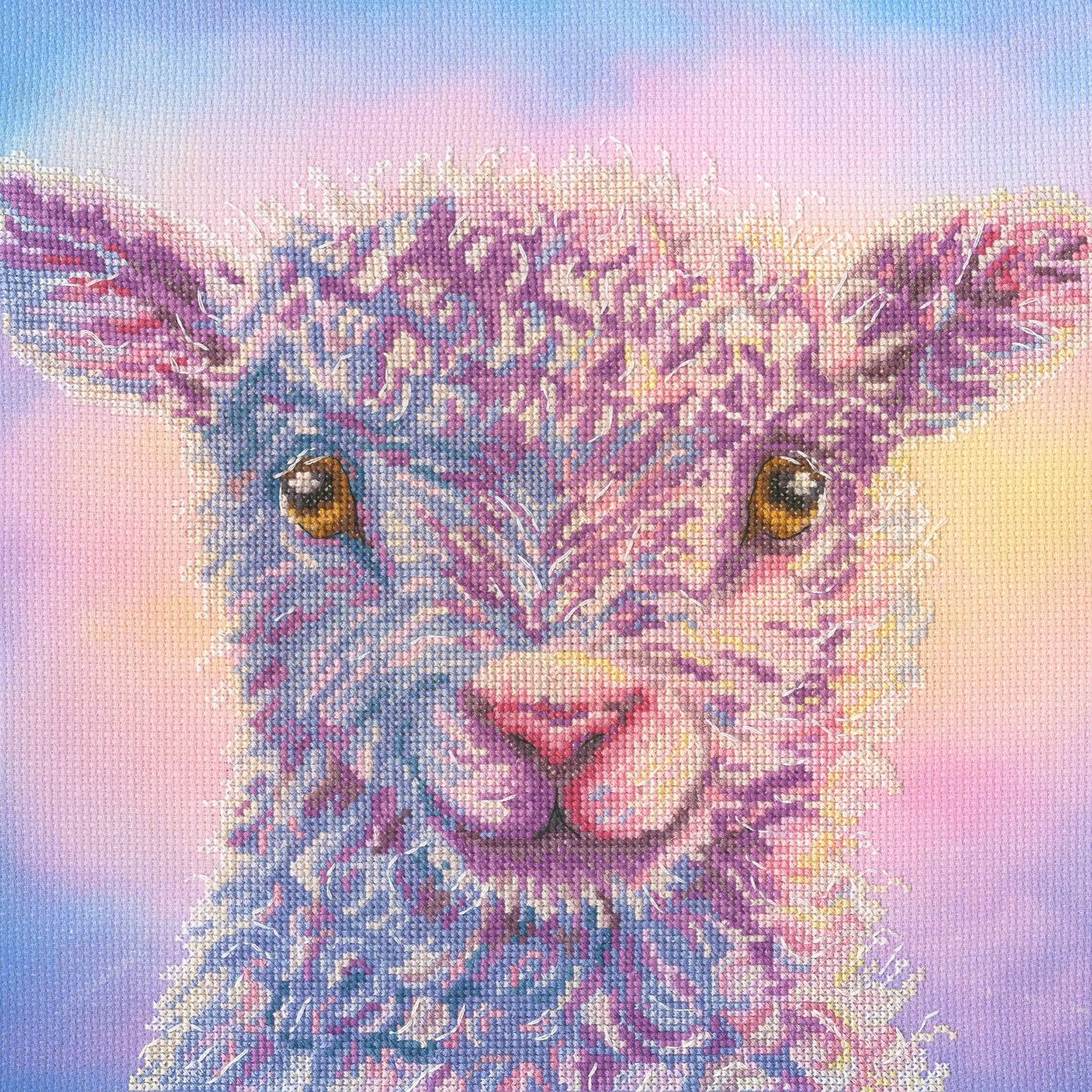 Playful lamb cross stitch kit with 14 count Aida fabric and full instructions