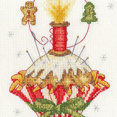 Christmas Trimmings Cross Stitch Kit with 14 count antique white Aida fabric, metallic threads, and gold beads