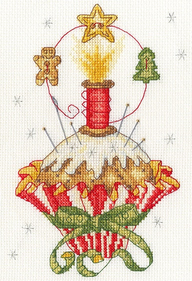 Christmas Trimmings Cross Stitch Kit with 14 count antique white Aida fabric, metallic threads, and gold beads