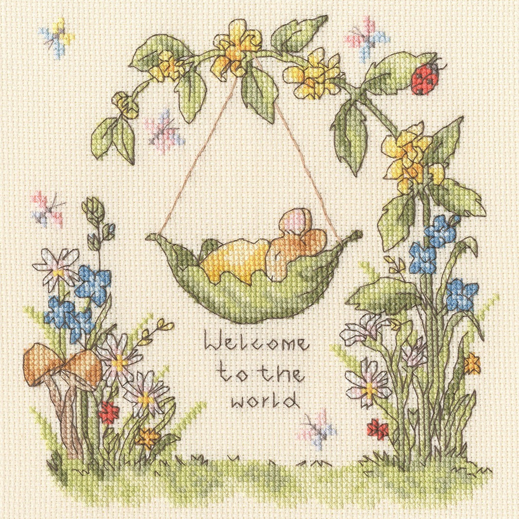 Little Acorns Cross Stitch Kit with 14 count cream Aida, cottons, needle, and alphabet pattern