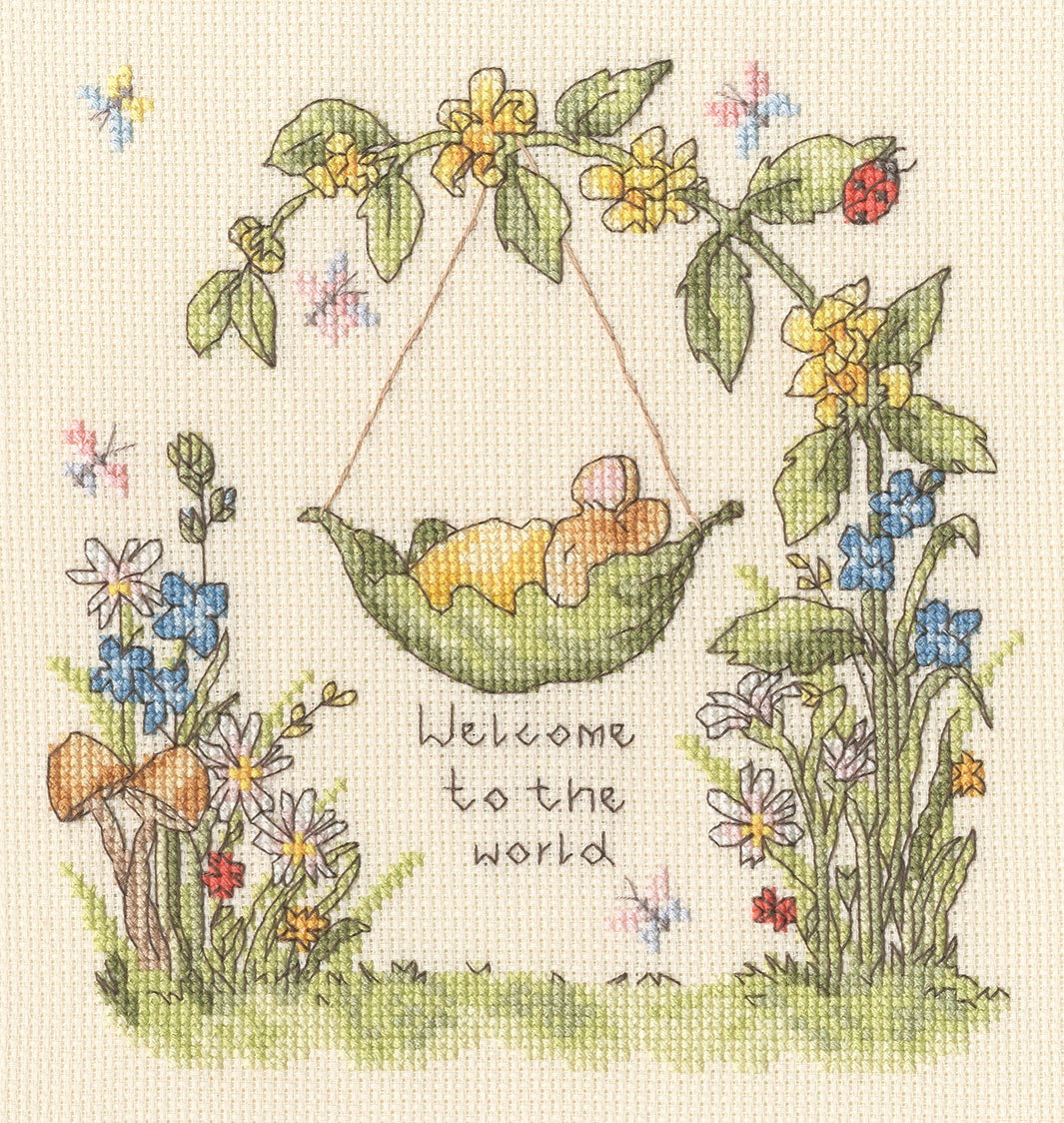 Little Acorns Cross Stitch Kit with 14 count cream Aida, cottons, needle, and alphabet pattern