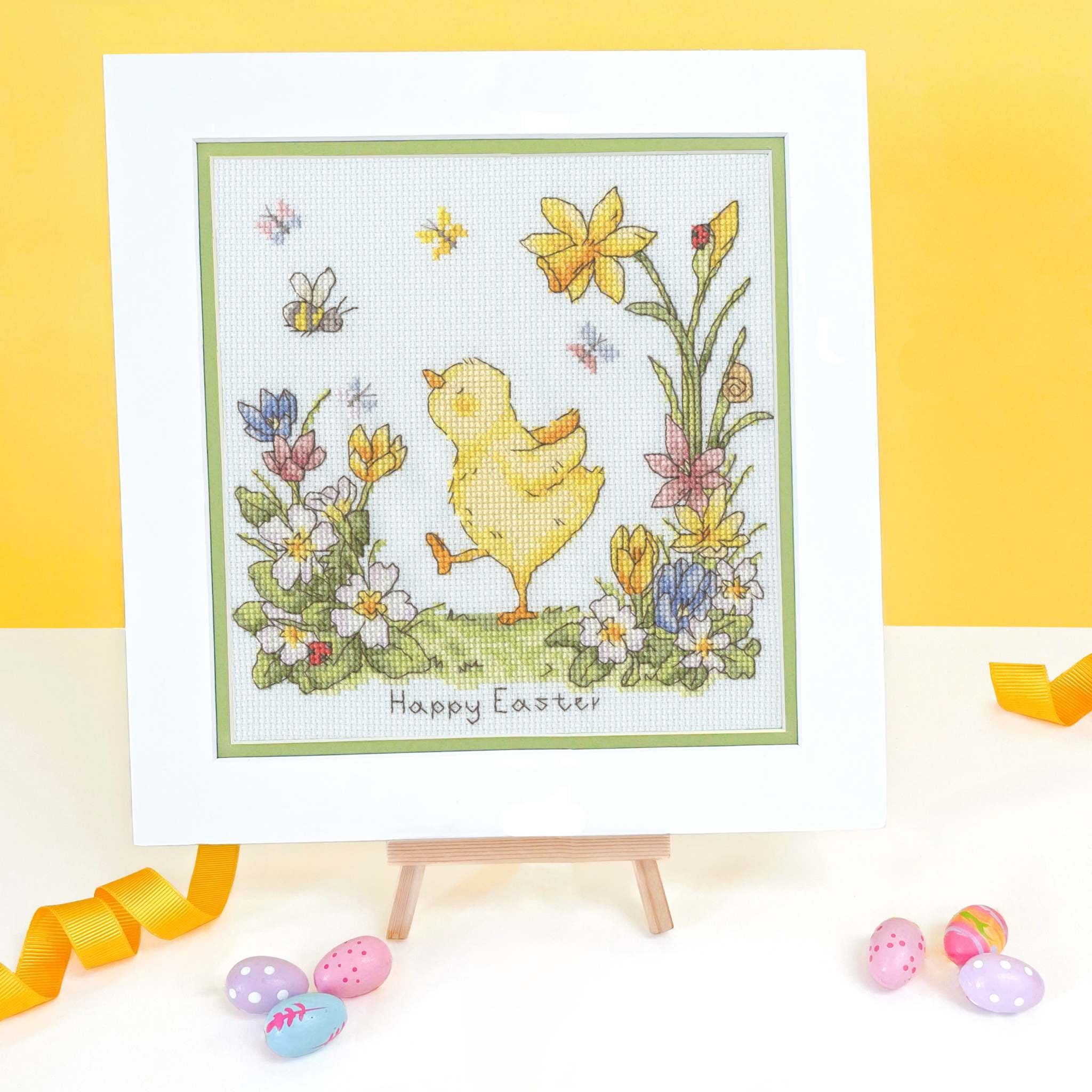 Little Chirps Cross Stitch Kit with ice blue Aida fabric, cotton threads, needle, and instructions for 18x19cm design