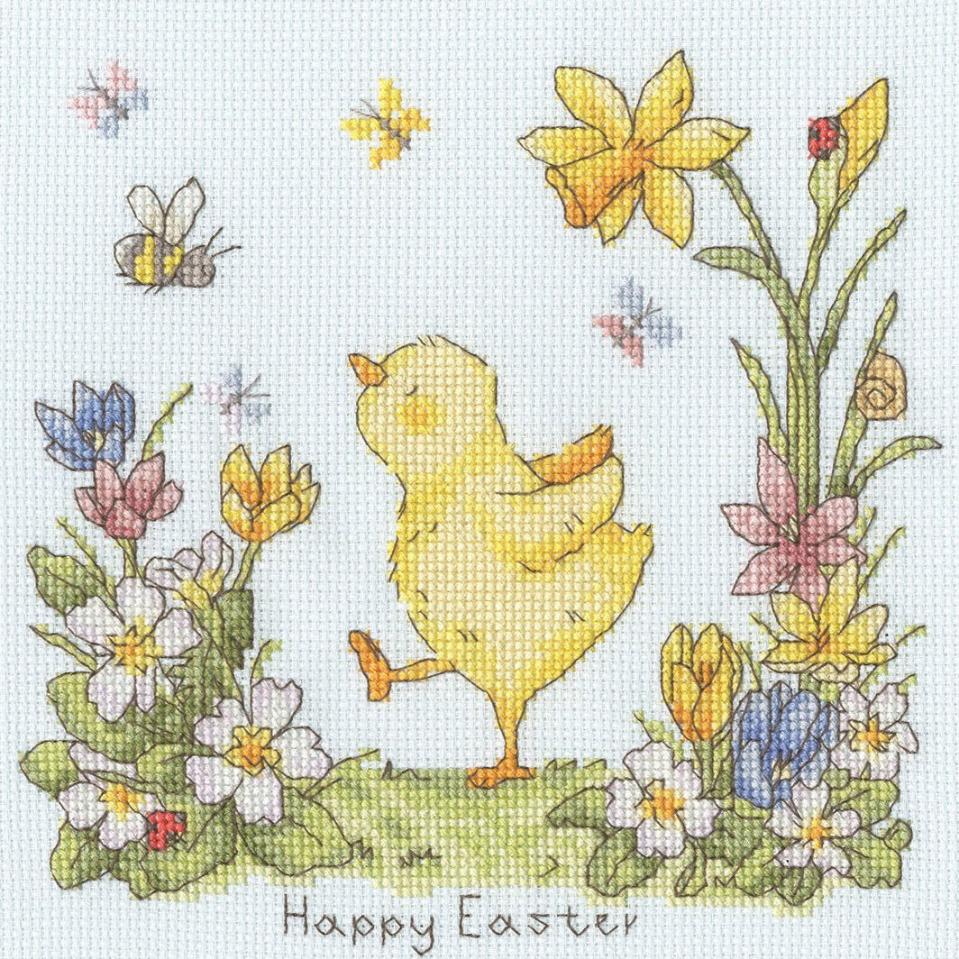 Little Chirps Cross Stitch Kit with 14-count ice blue Aida fabric and pre-sorted cotton threads