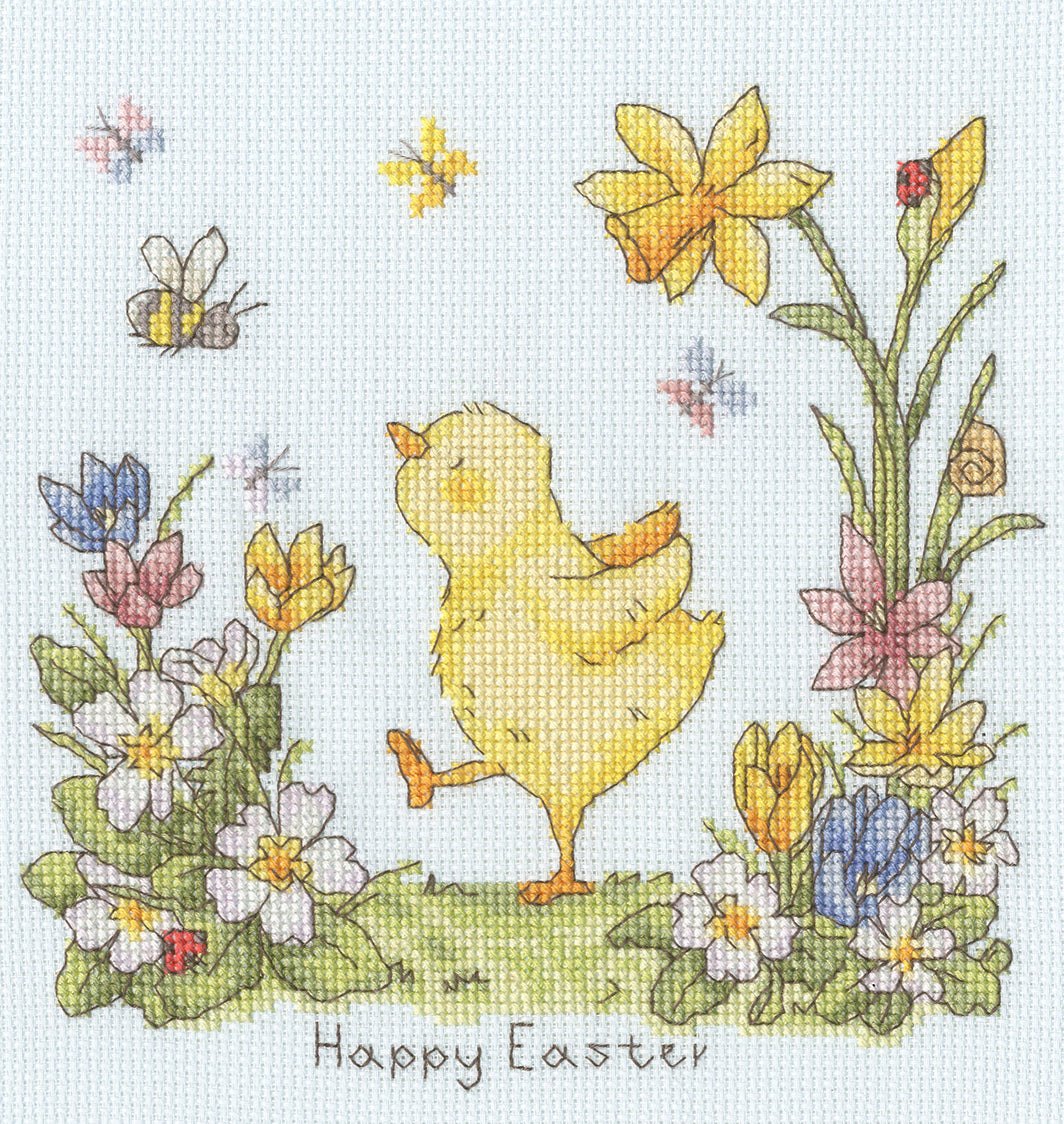 Little Chirps Cross Stitch Kit with 14-count ice blue Aida fabric and pre-sorted cotton threads