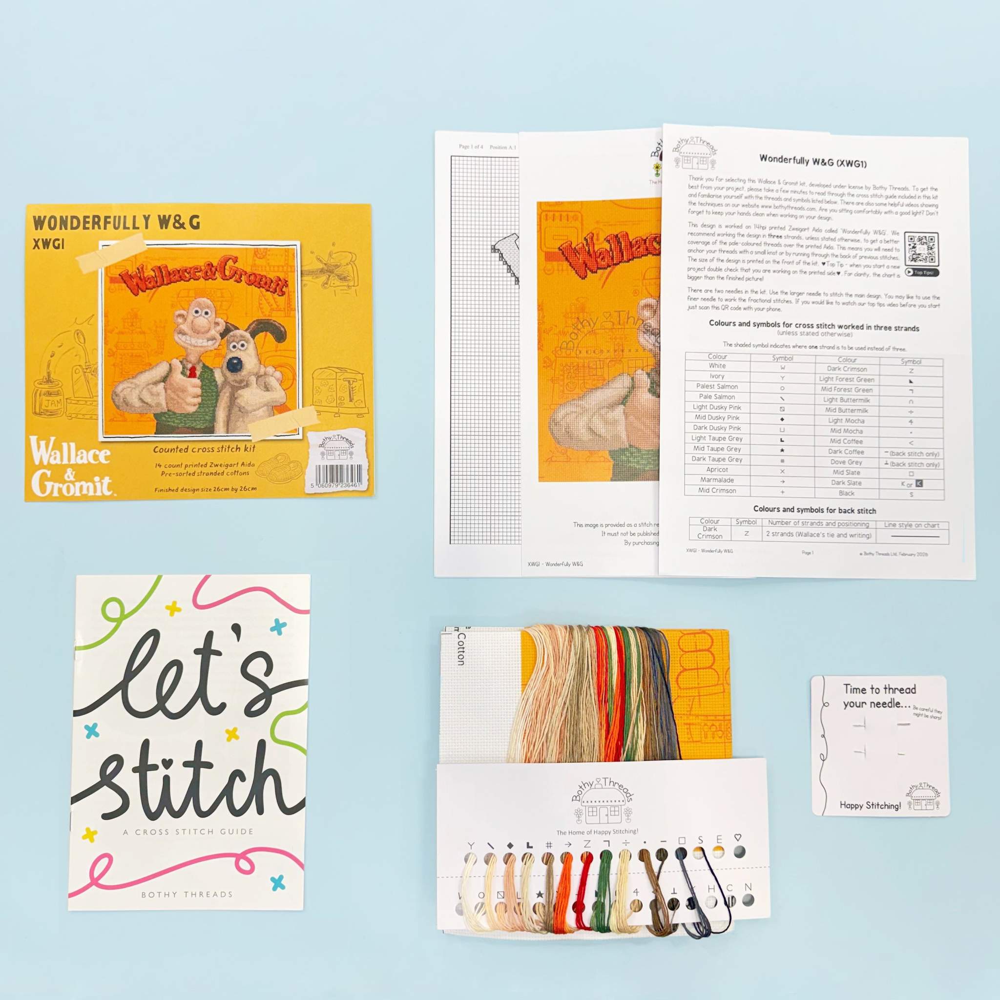 Wonderfully W&G Cross Stitch Kit with Wallace & Gromit design and full color printed Aida fabric