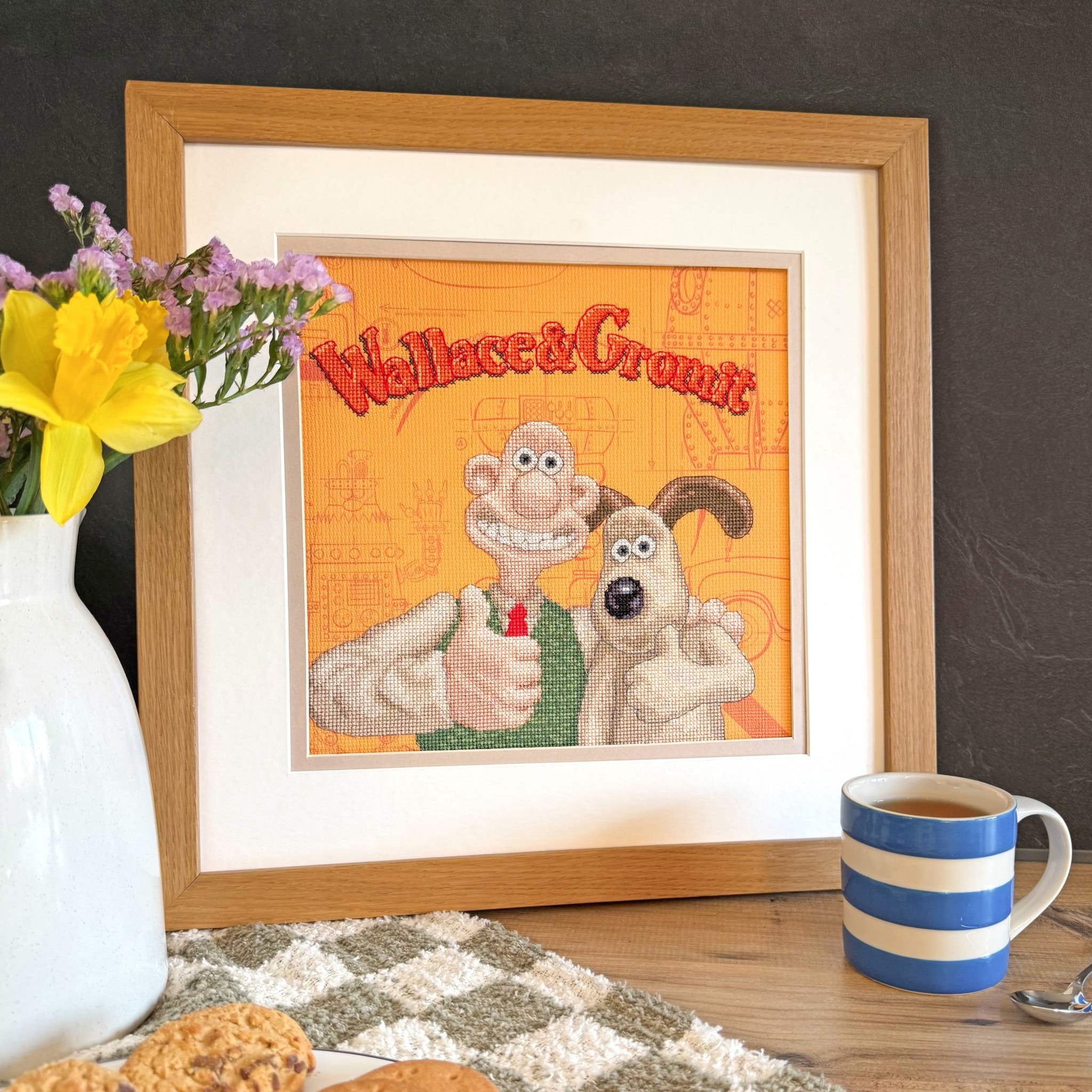 Wonderfully W&G Cross Stitch Kit featuring Wallace & Gromit 14 count Aida fabric with pre-sorted cottons and instructions