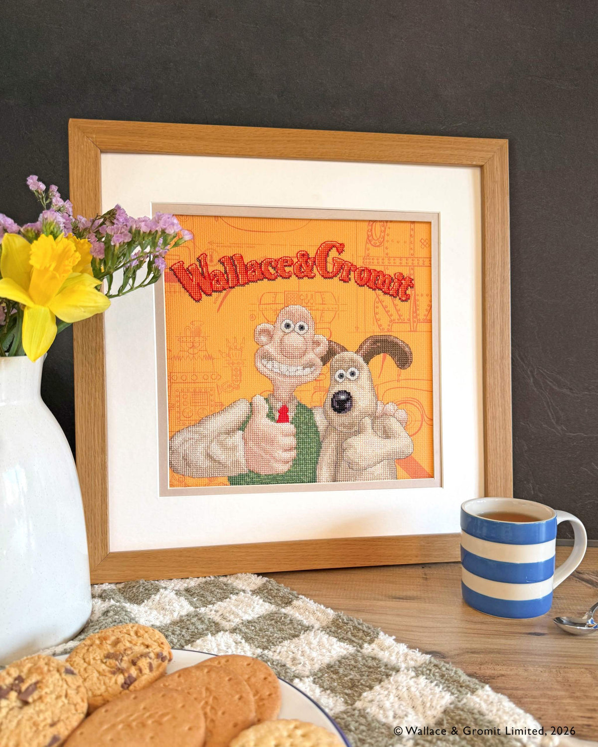 Wonderfully W&G Cross Stitch Kit featuring Wallace & Gromit 14 count Aida fabric with pre-sorted cottons and instructions