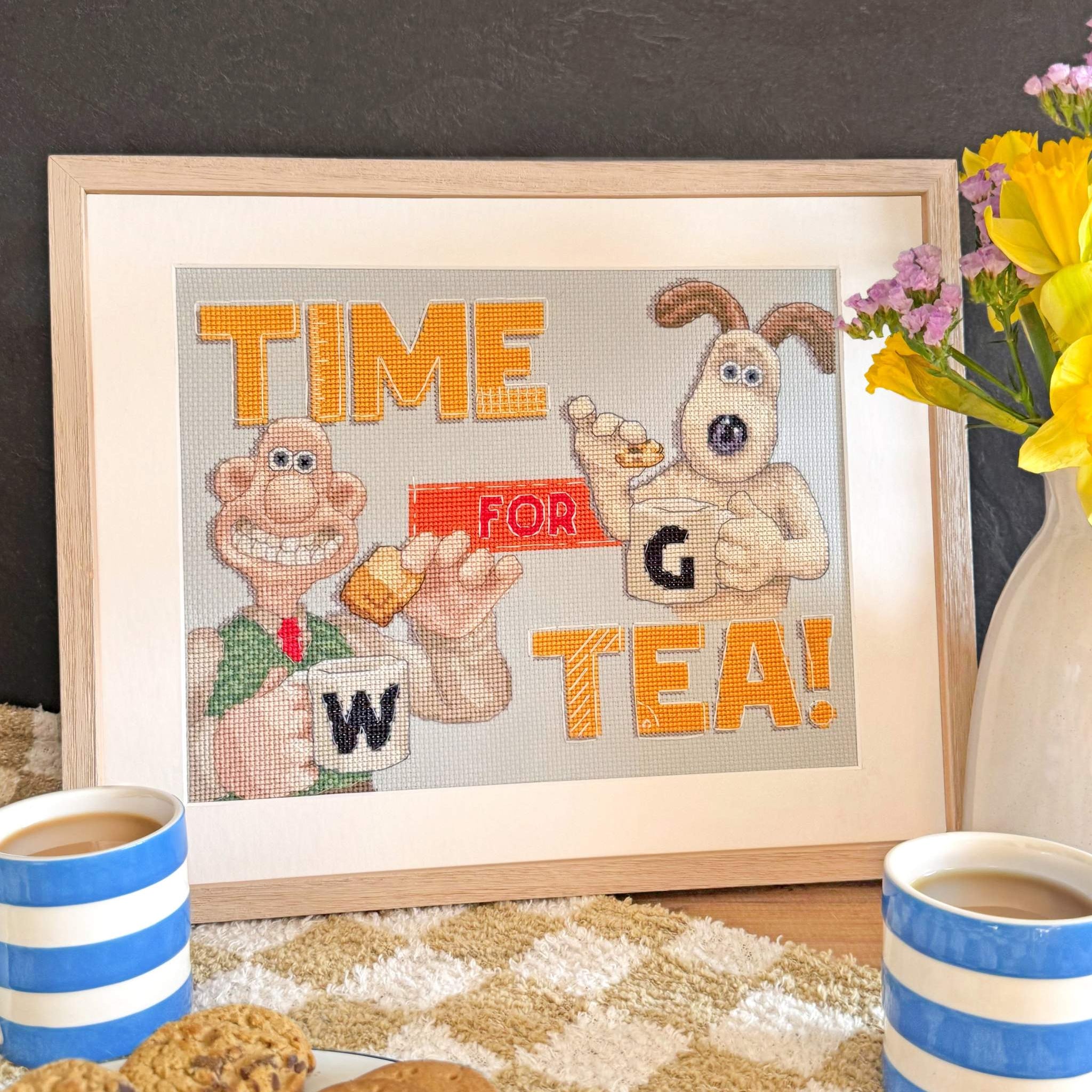 Wallace and Gromit Time For Tea! cross stitch kit with 14 count fabric and pre-sorted threads