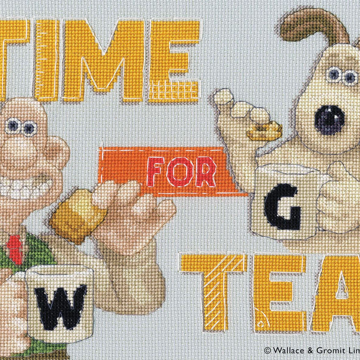 Wallace & Gromit Time For Tea! Cross Stitch Kit with 14 count misty blue Aida and thread kit