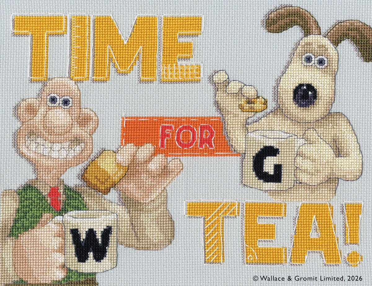 Wallace & Gromit Time For Tea! Cross Stitch Kit with 14 count misty blue Aida and thread kit