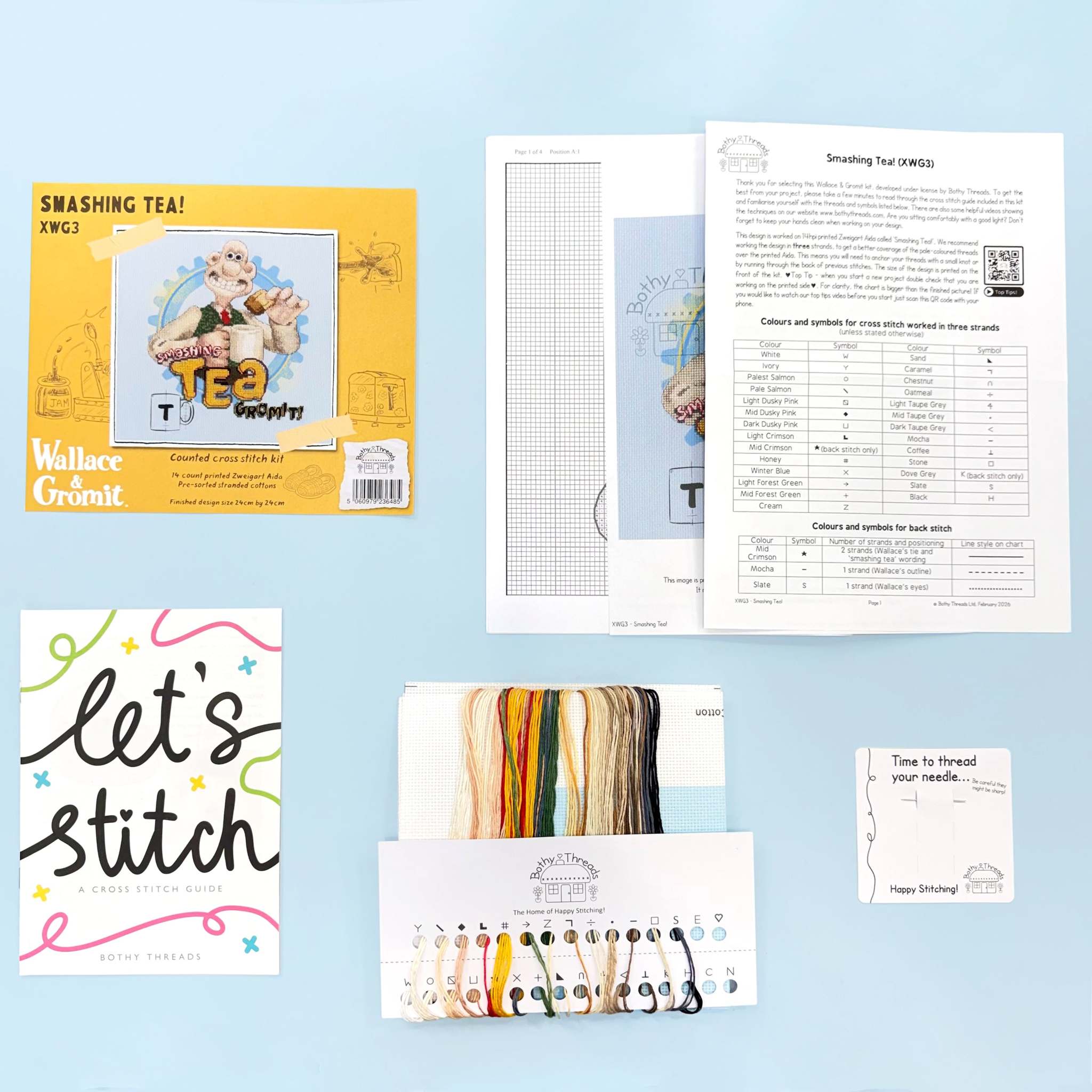 Smashing Tea Wallace & Gromit cross stitch kit with 14 count Aida fabric and instructions