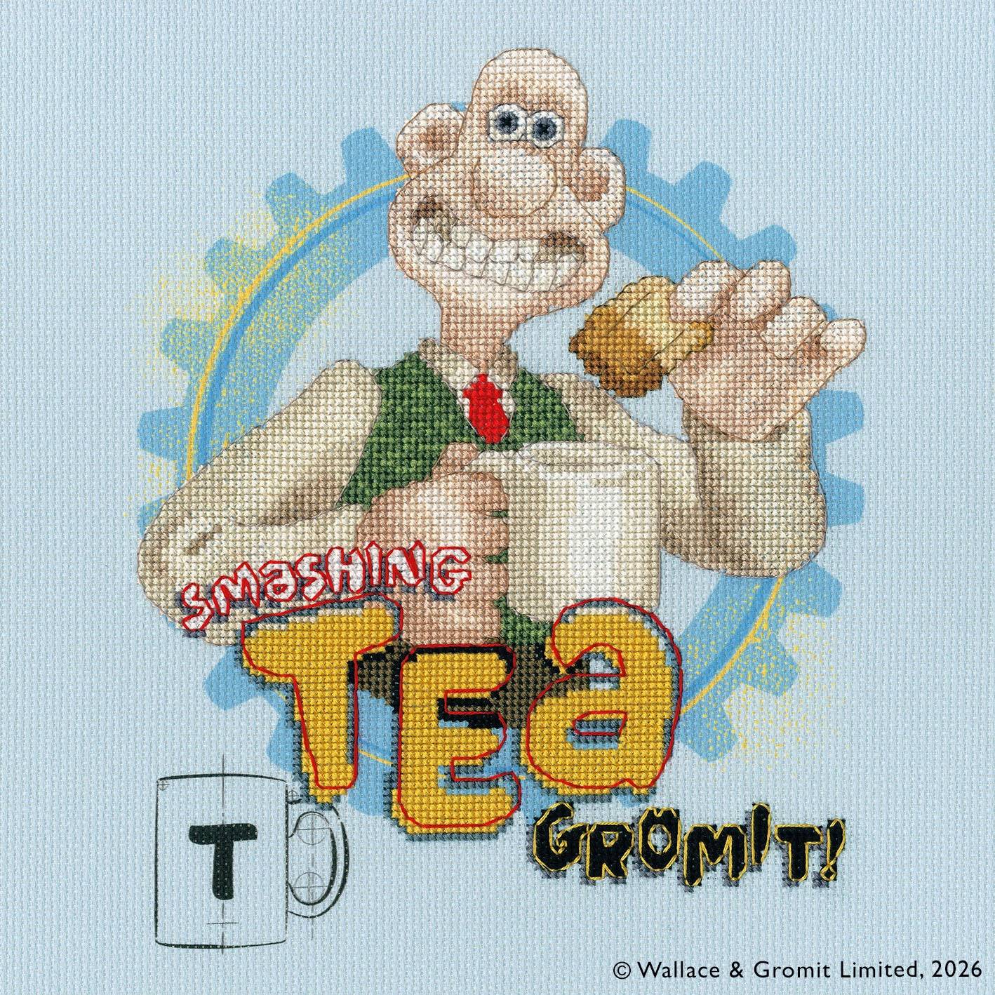 Wallace & Gromit Smashing Tea cross stitch kit with 14 count Aida fabric and needle