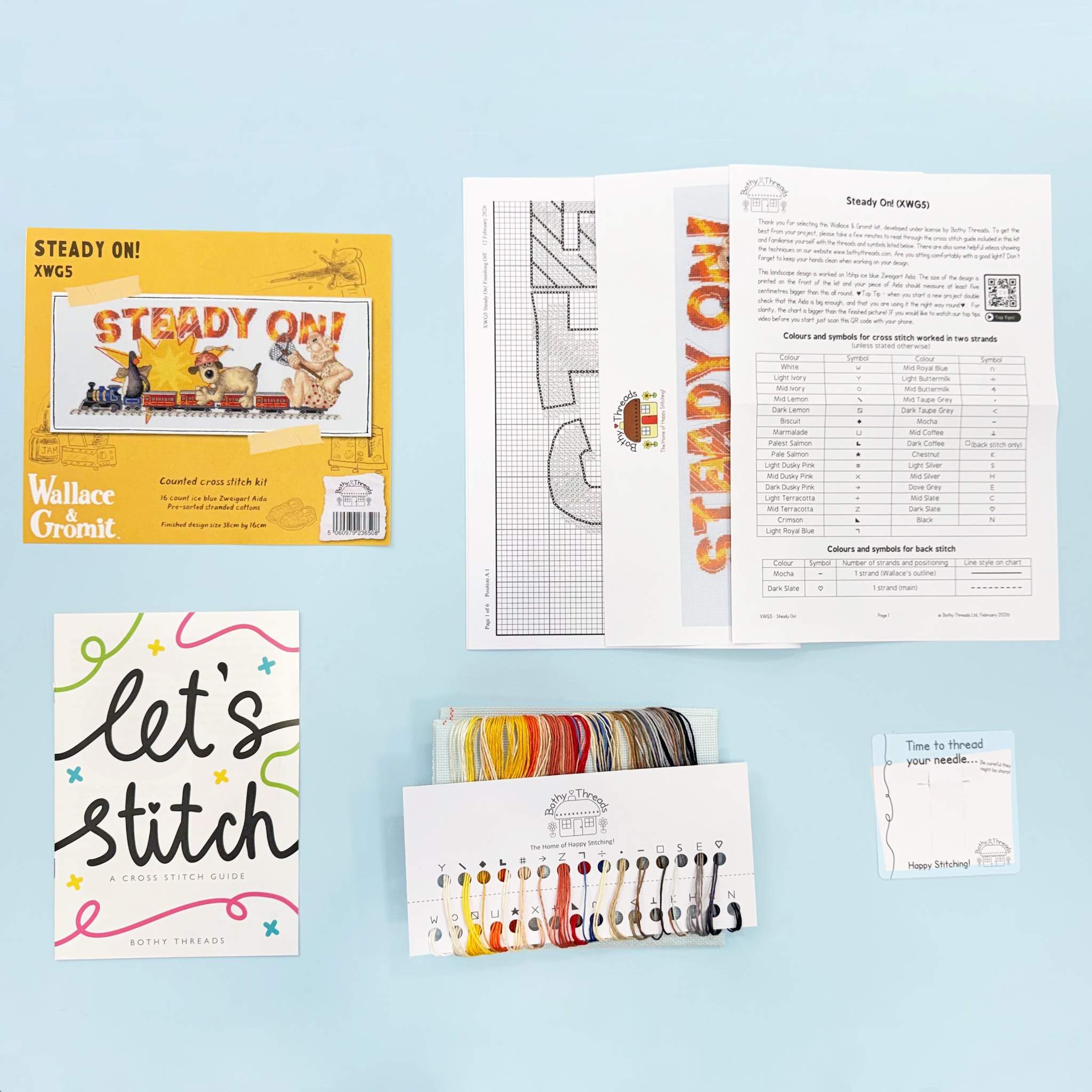 Steady On Wallace & Gromit cross stitch kit with 16 count blue Aida fabric and cotton threads