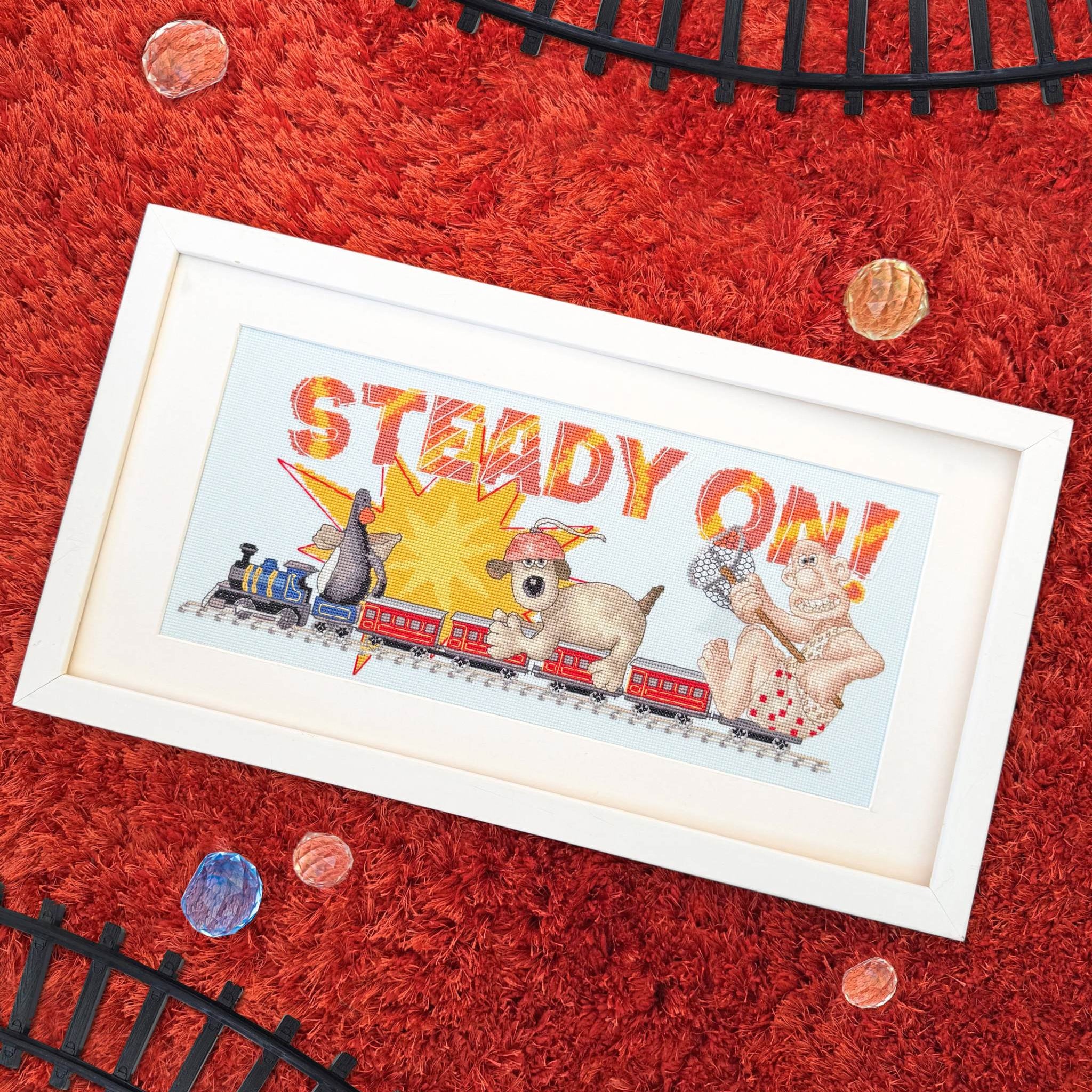 Steady On Wallace & Gromit cross stitch kit with 16 count ice blue Aida fabric and pre-sorted cottons