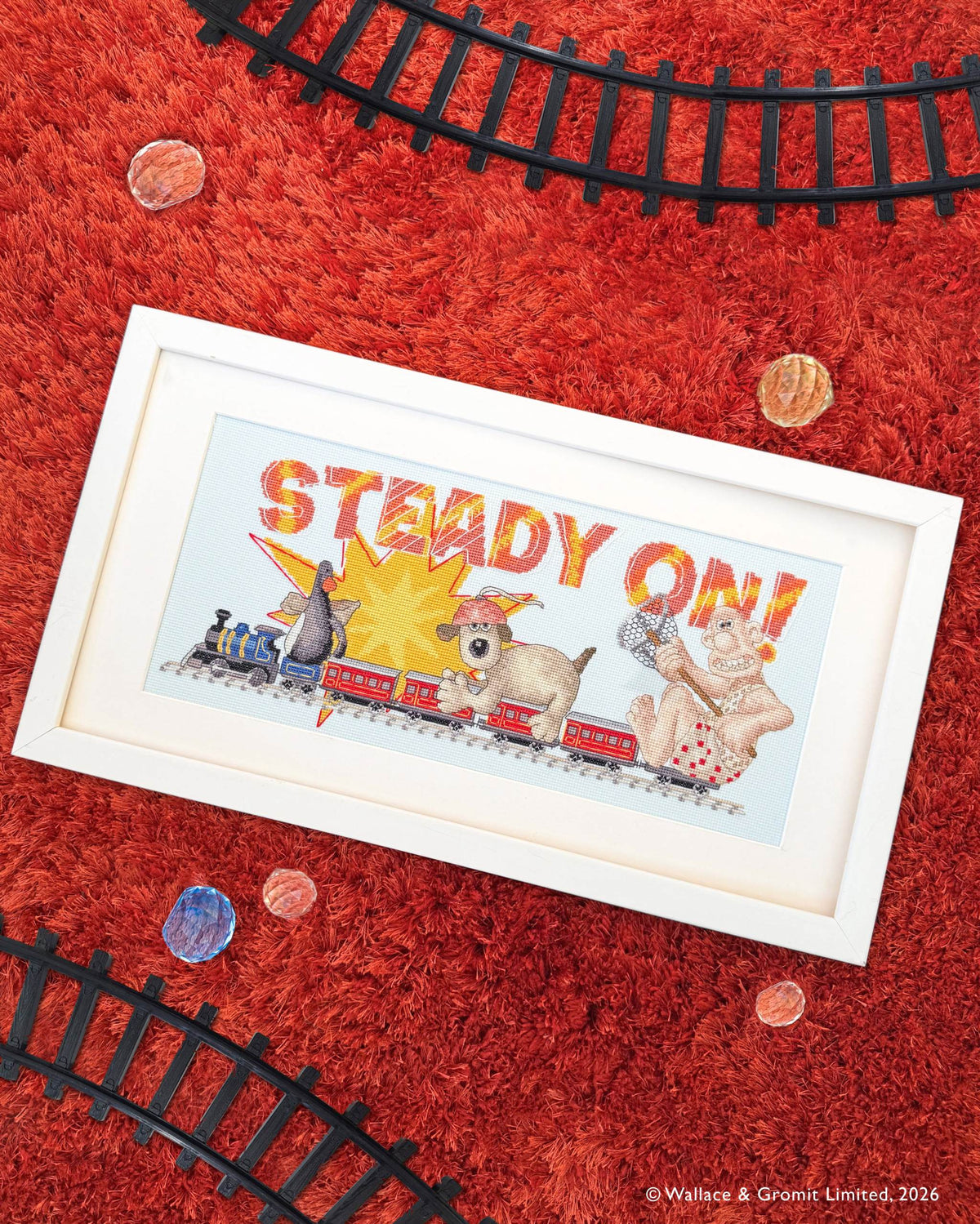Steady On Wallace & Gromit cross stitch kit with 16 count ice blue Aida fabric and pre-sorted cottons