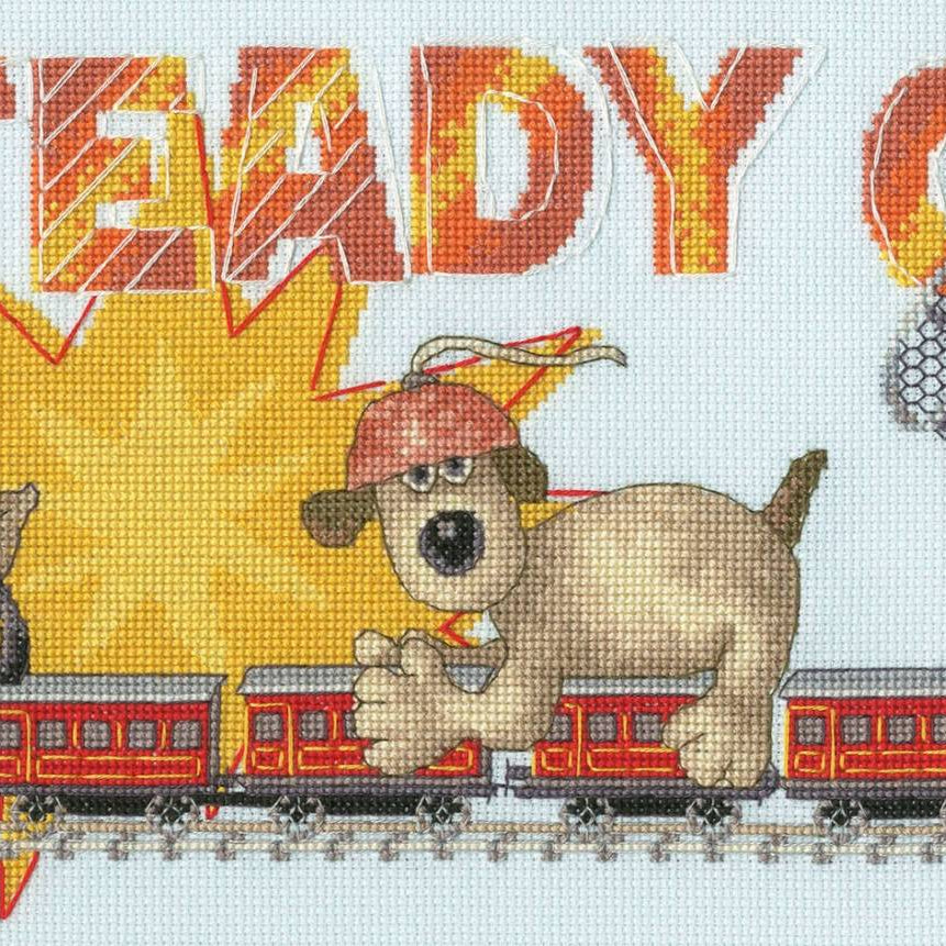 Wallace & Gromit Steady On! cross stitch kit with 16 count ice blue Aida and cotton threads