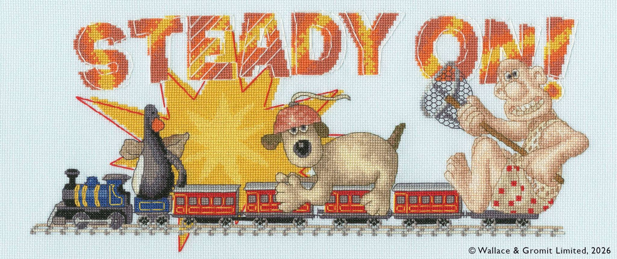 Wallace & Gromit Steady On! cross stitch kit with 16 count ice blue Aida and cotton threads