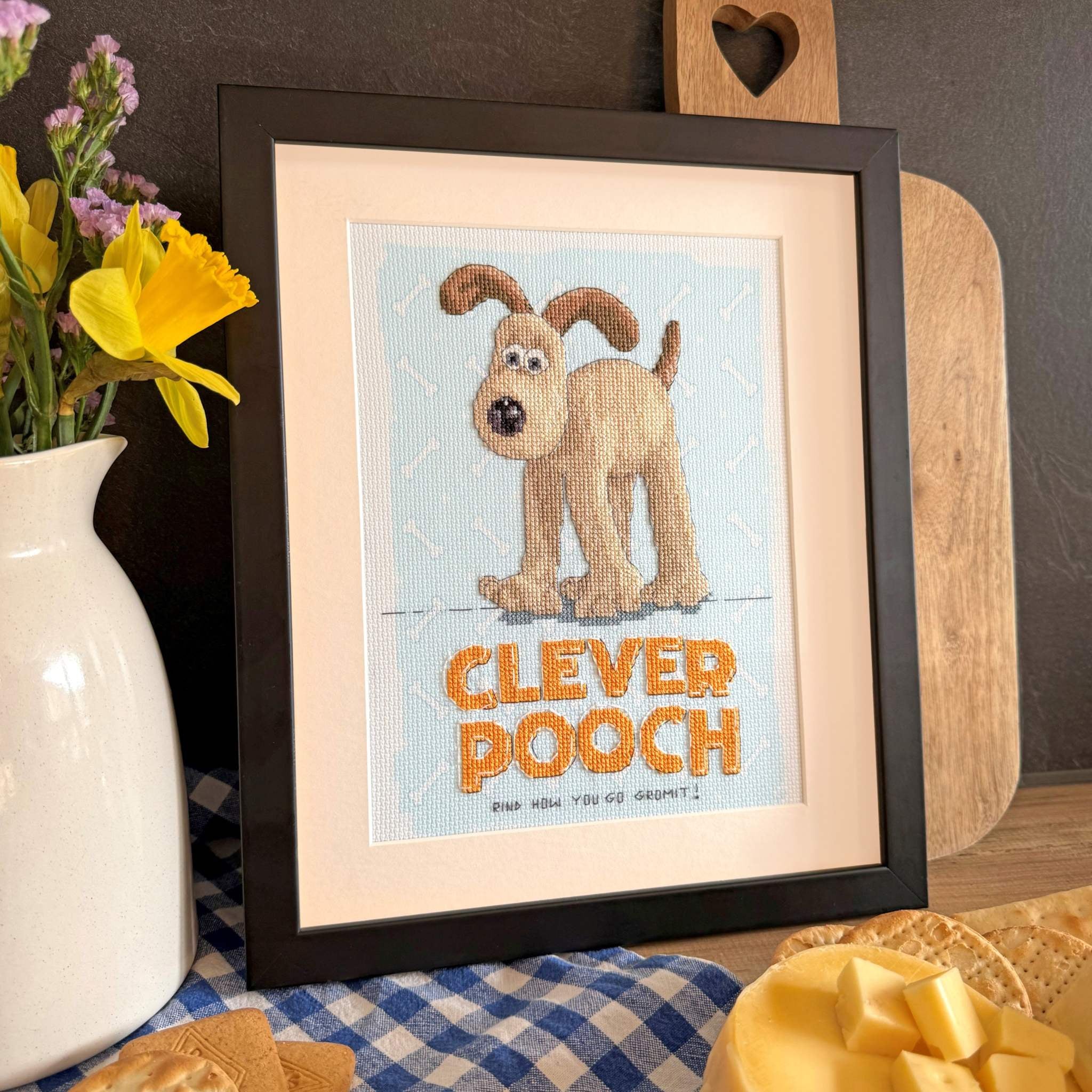 Clever Pooch! Cross Stitch Kit by Wallace & Gromit with printed Aida fabric and cotton threads