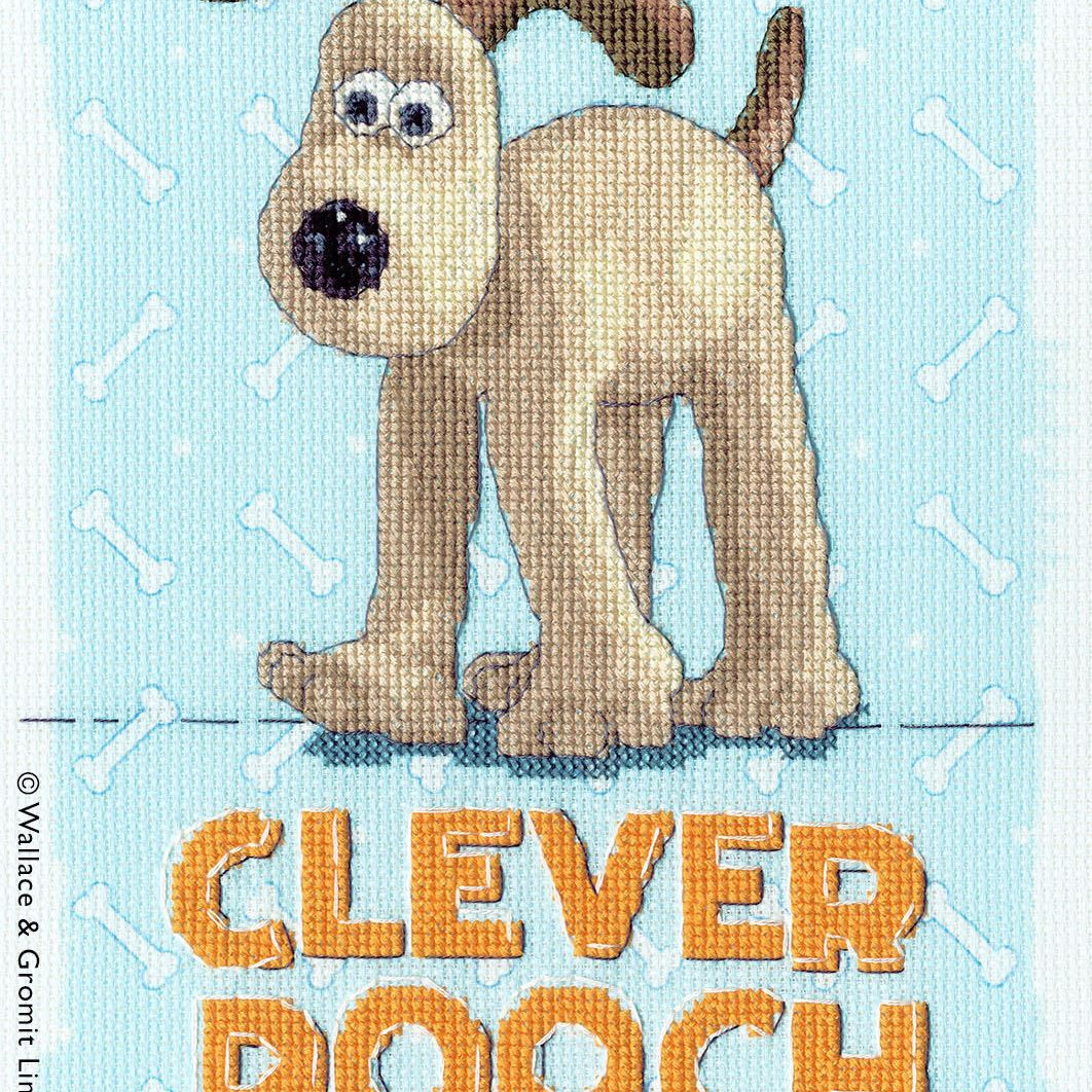 Clever Pooch! Cross Stitch Kit featuring Wallace & Gromit with 14 count Aida fabric and colorful threads