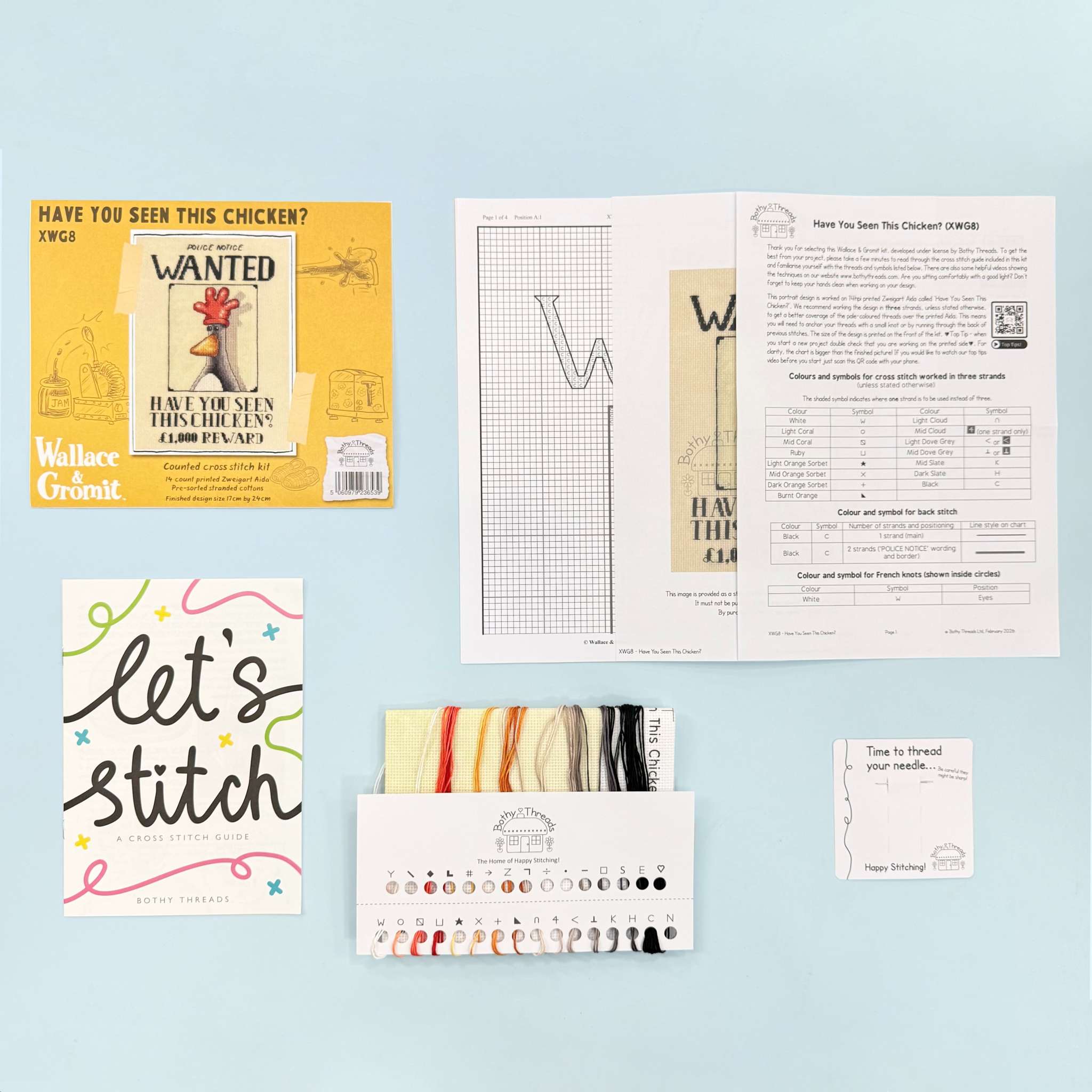 Have You Seen This Chicken Wallace & Gromit cross stitch kit with 14 count Aida fabric and colorful cottons