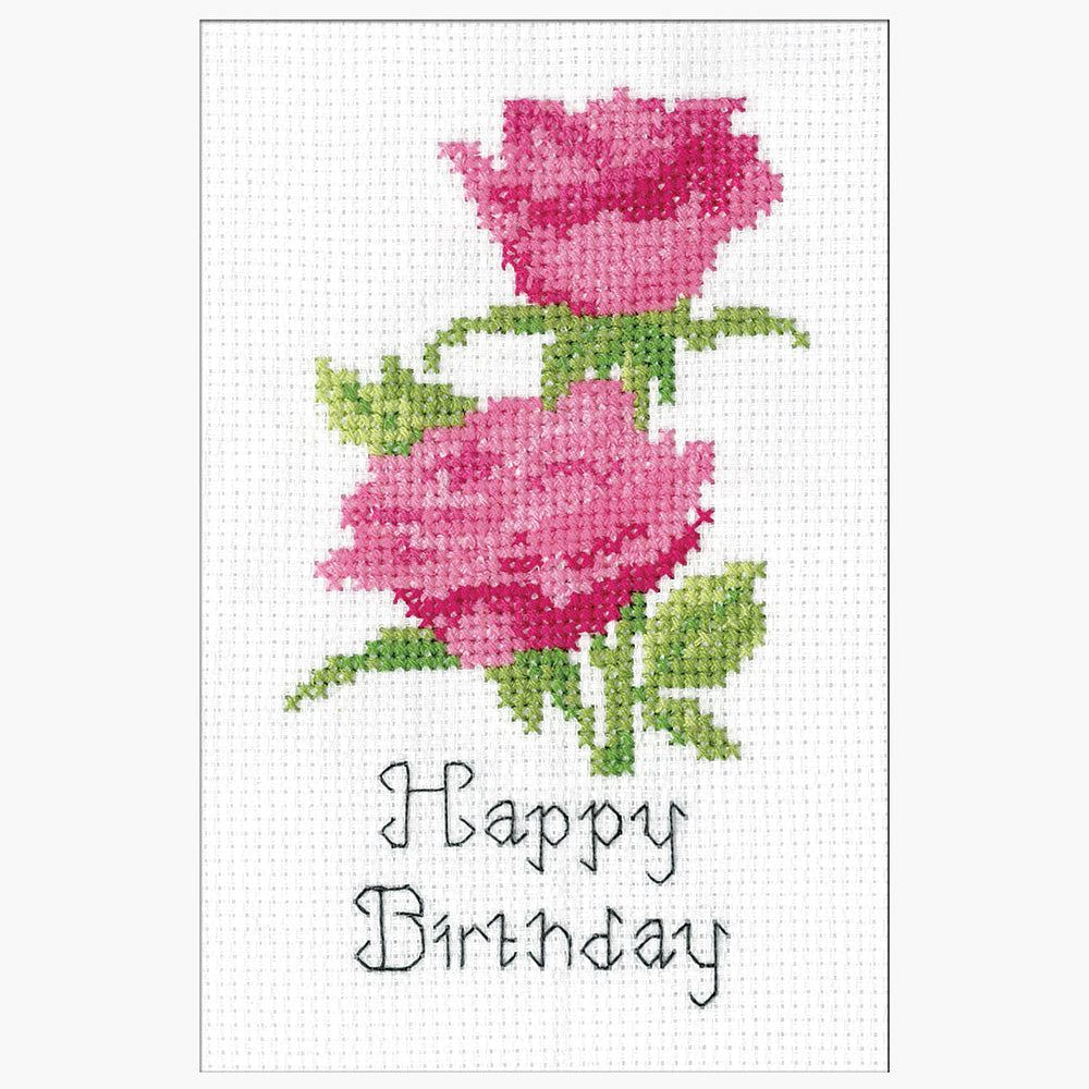 Pink roses card cross stitch kit with 14 count Zweigart aida and pre-sorted cottons