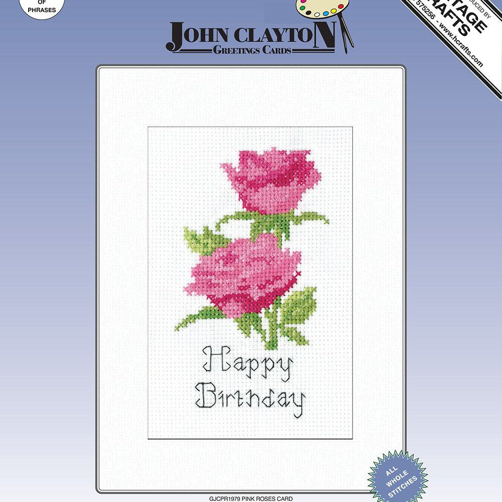 Pink roses card cross stitch kit with 14 count Zweigart aida and greeting phrases