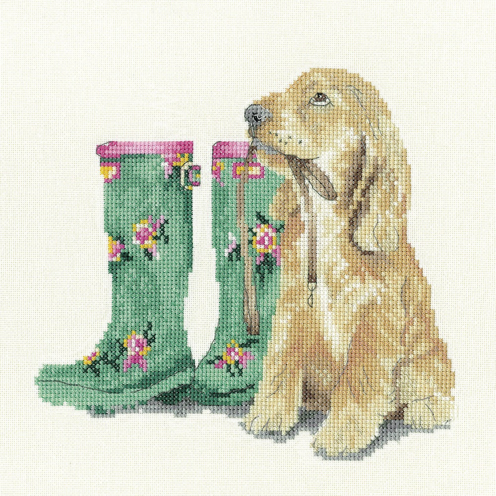 Waiting for Walkies Cross Stitch Kit with dog design on 14 count aida fabric and included cottons, needle, and instructions