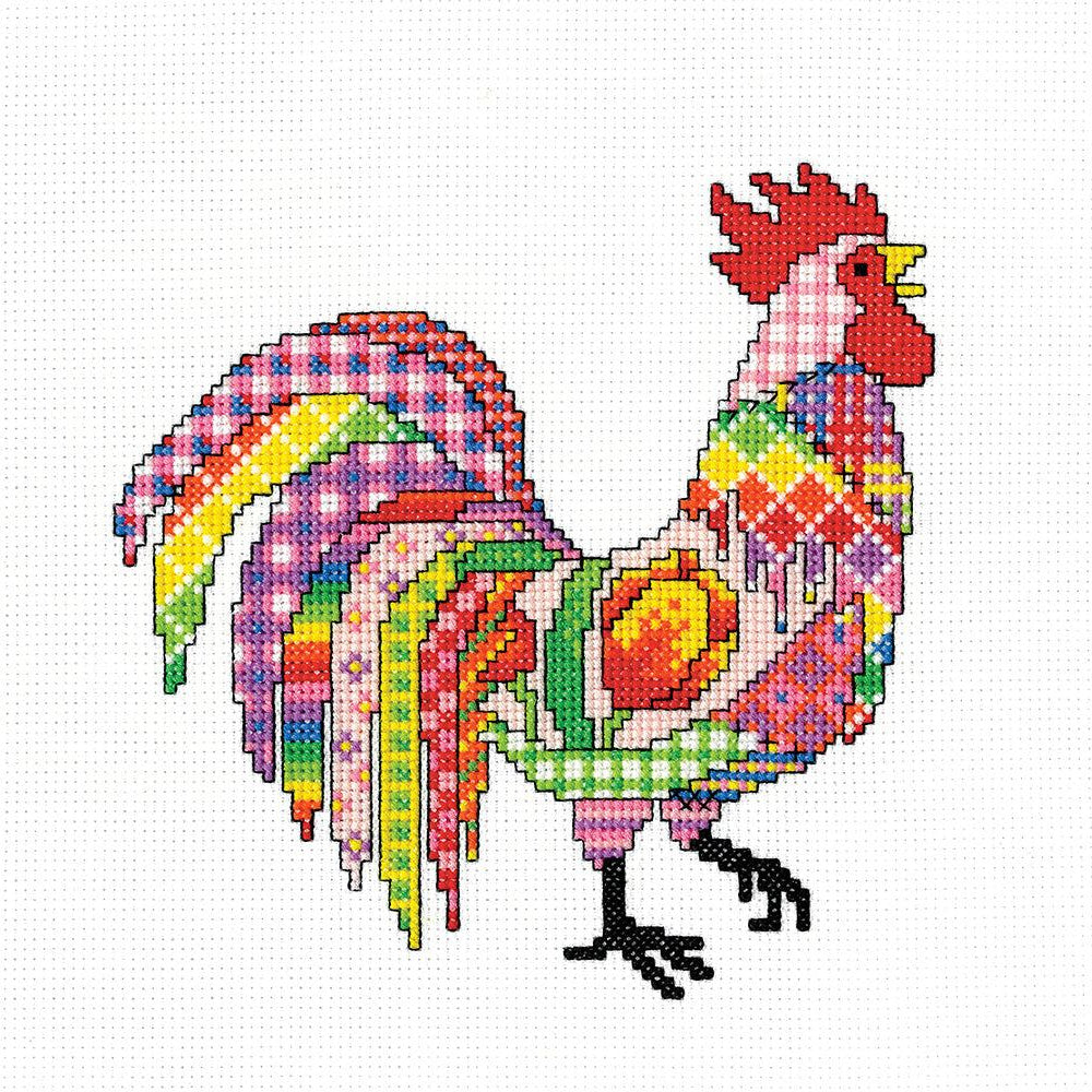 Patchwork Cockerel cross stitch kit with 14 count Zweigart aida and DMC cottons