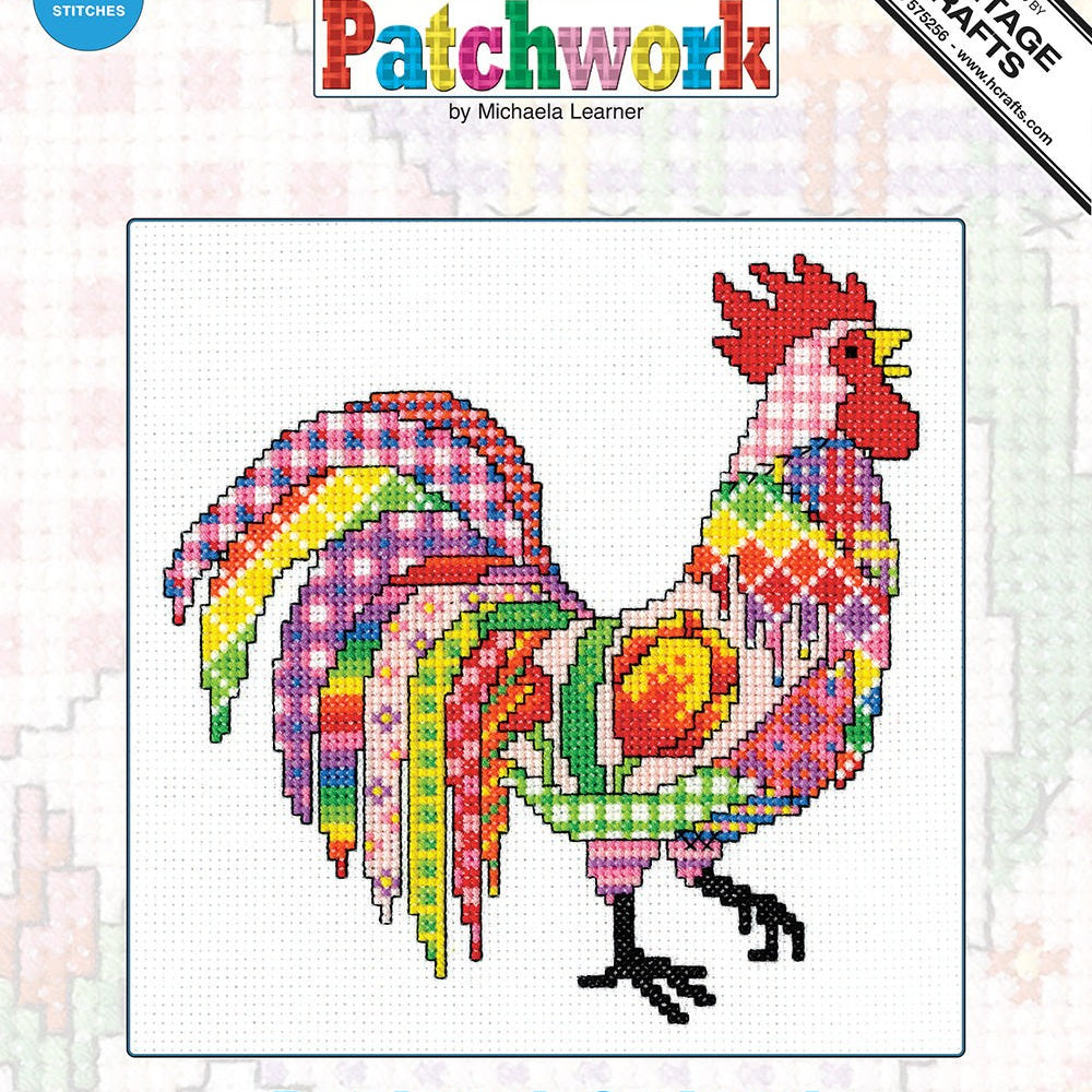 Patchwork Cockerel Cross Stitch Kit with 14 count Zweigart aida and DMC cottons, 15cm size