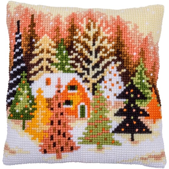 Winter village cross stitch cushion front kit with hand painted canvas and thick acrylic yarn