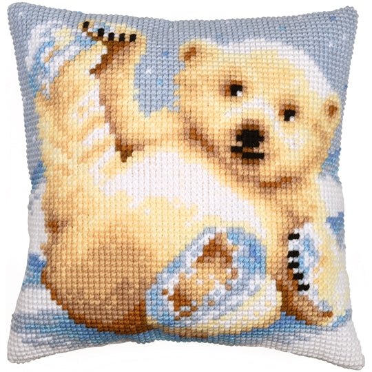 Little Polar Bear cross stitch cushion kit with hand painted canvas and thick acrylic yarn