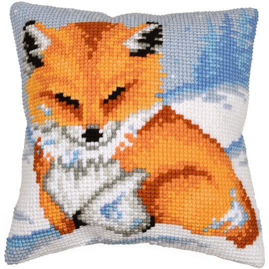 Little Fox cross stitch kit with hand painted canvas, yarn, needle, and instructions for 40cm cushion front