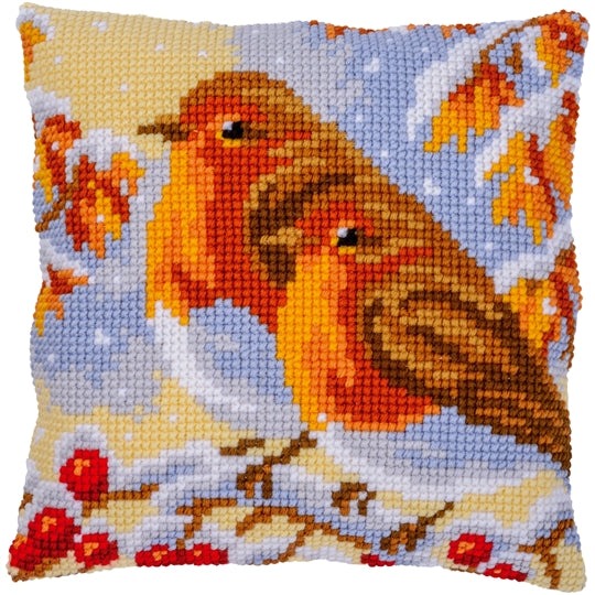 Pair of robins cross stitch design on 40cm cushion kit with acrylic yarn and needle